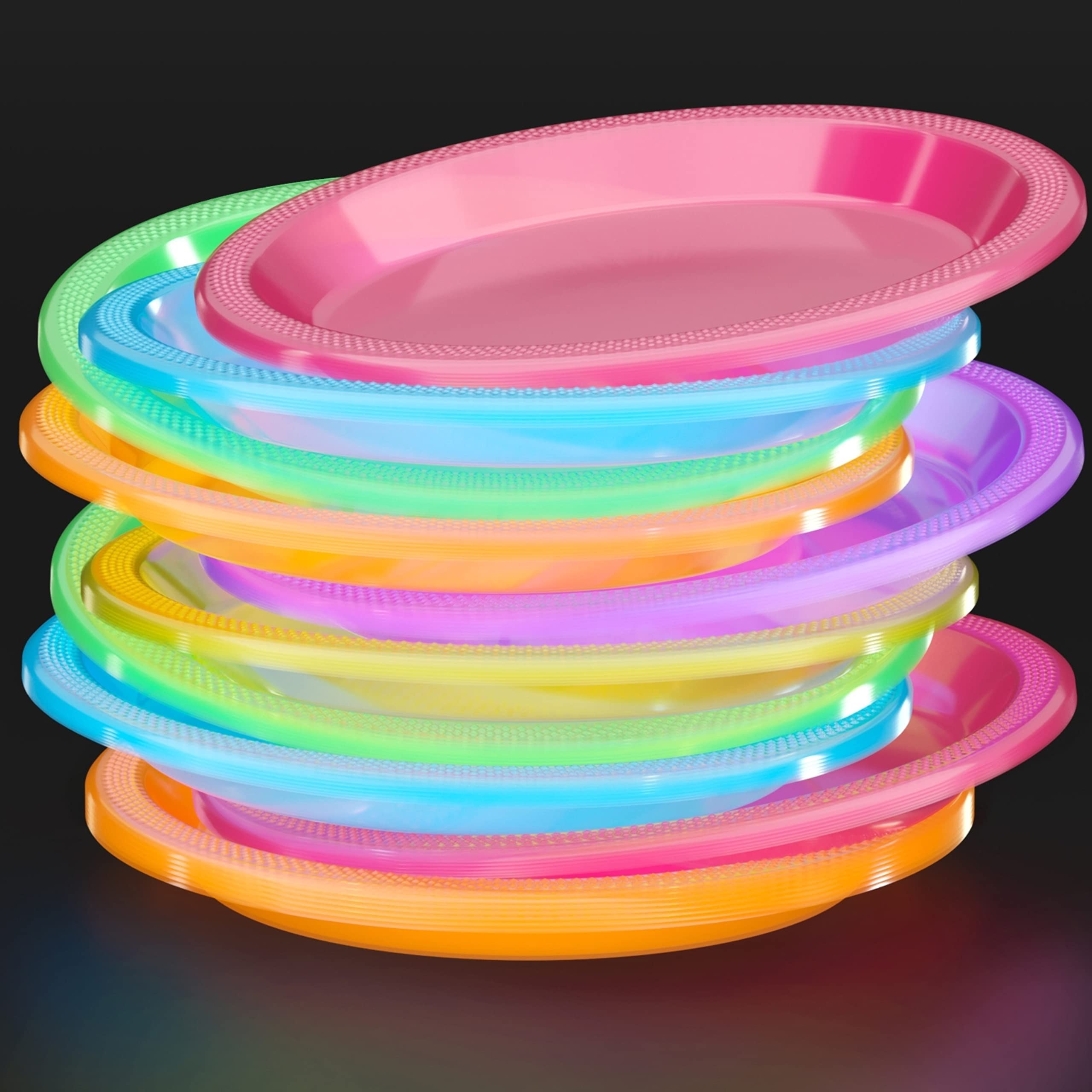Exquisite Black Light Glow Party Plates - 60 Party Plates - Size: 9 Inch. - Assorted Colors - Food Safe Material - Blacklight Re