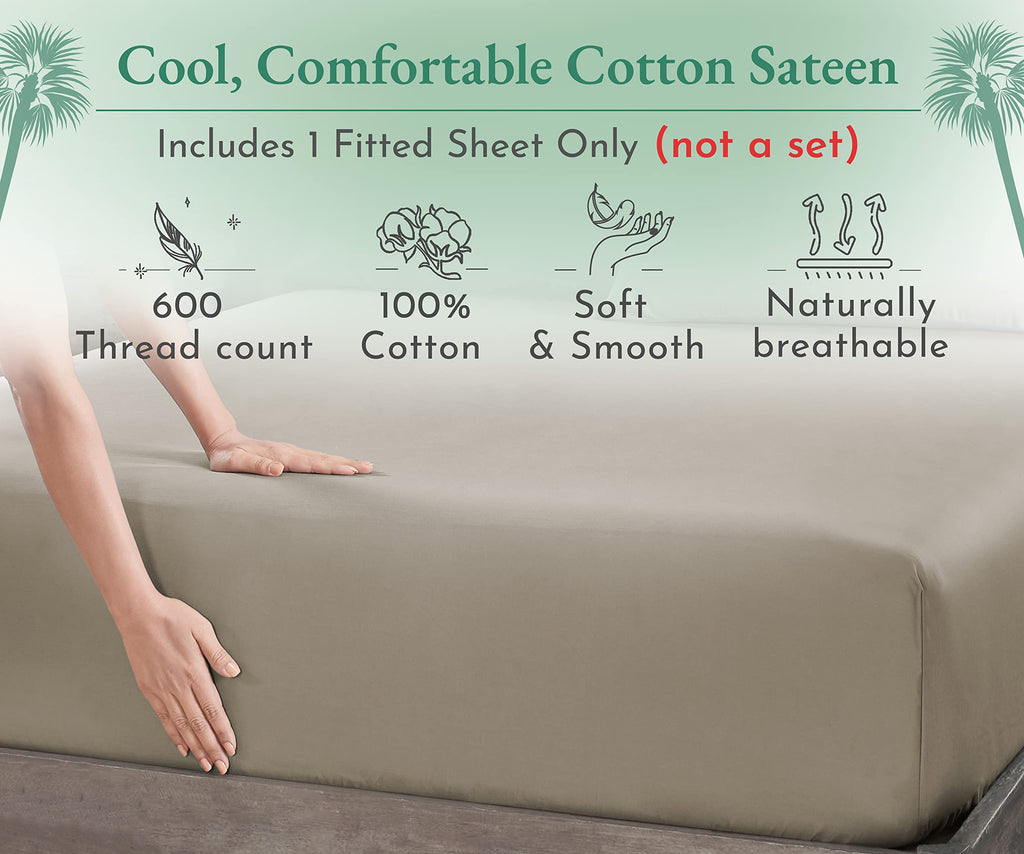 California Design Den Luxurious King Size Fitted Sheet Only - 100% Cotton, 600 Thread Count, Soft Deep Pocket Bottom Fitted Sheet, Sateen Weave, Hotel Quality, Featuring Foot Side Indicator - Taupe