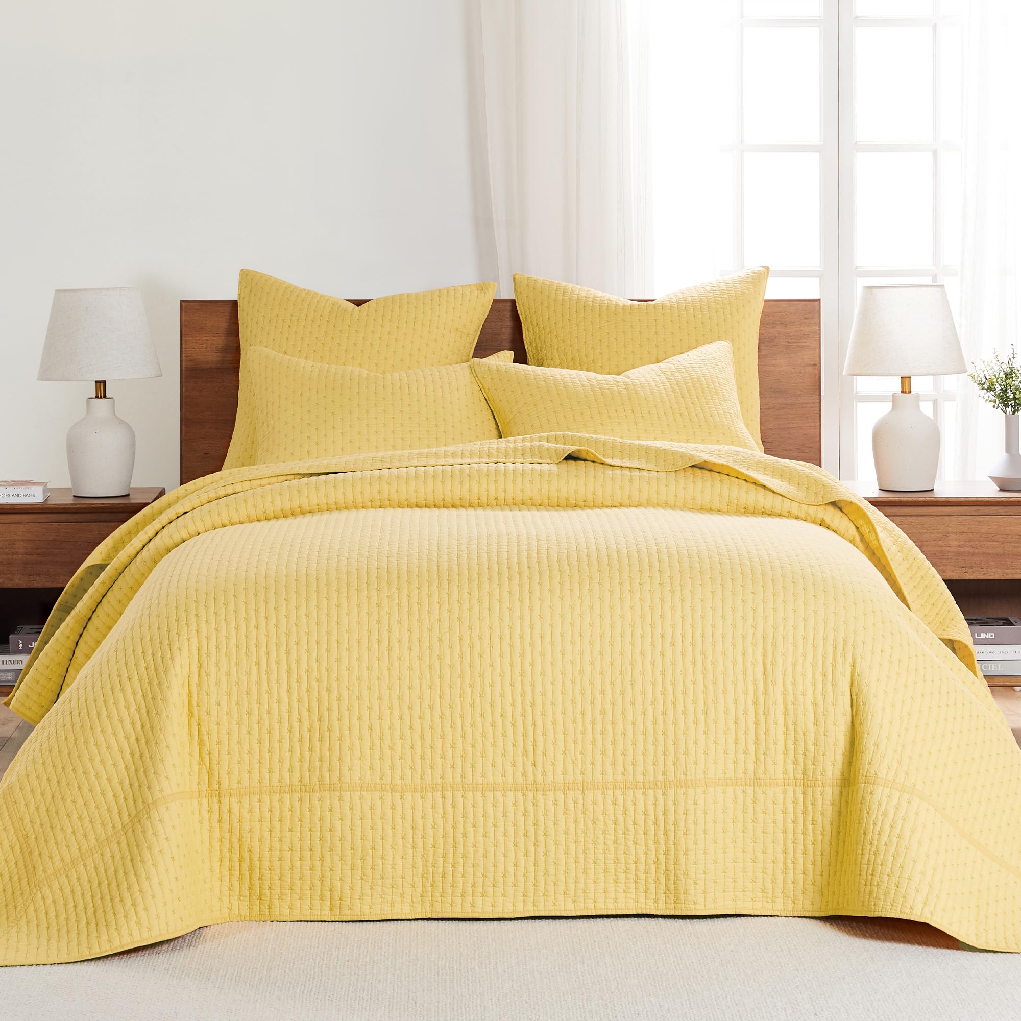 Levtex Home - Cross Stitch Yellow Bedspread Set - Queen Quilted Bedspread And Two Standard Shams - Cross Stitch Pattern - Bedspr