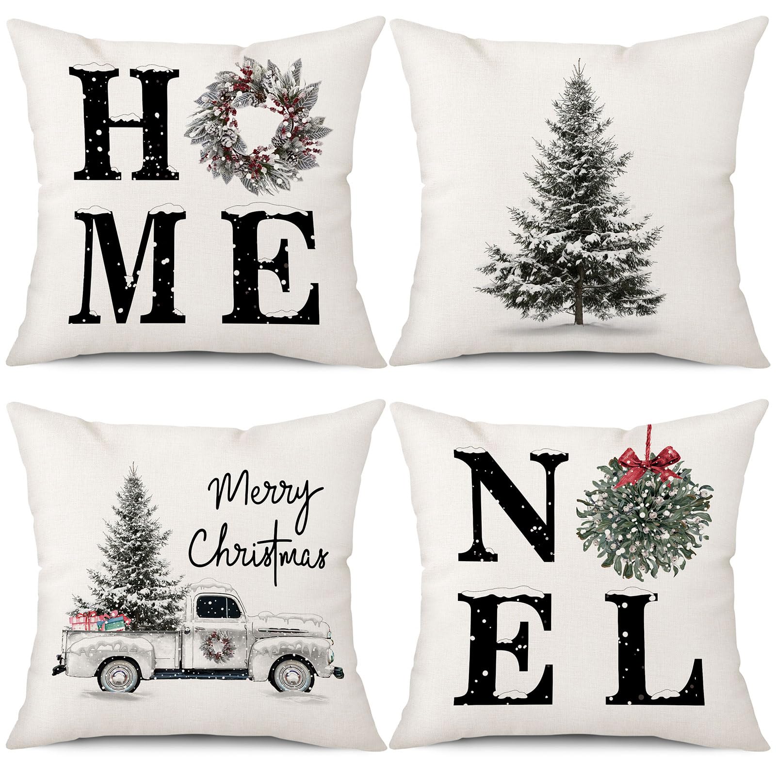 Coeufuedy Christmas Pillow Covers 18X18 Inch Set Of 4 Home Noel Truck Christmas Tree Holiday Cushion Covers Farmhouse Christmas