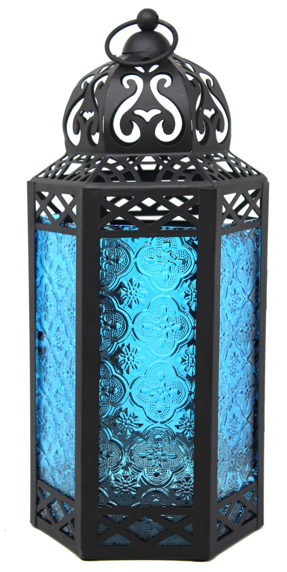 Large Black Metal Decorative Moroccan Lantern Candle Holder Lamp - Indoor/Outdoor, Home Decor, Patio, Weddings, Christmas, Blue