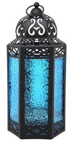 Large Black Metal Decorative Moroccan Lantern Candle Holder Lamp - Indoor/Outdoor, Home Decor, Patio, Weddings, Christmas, Blue