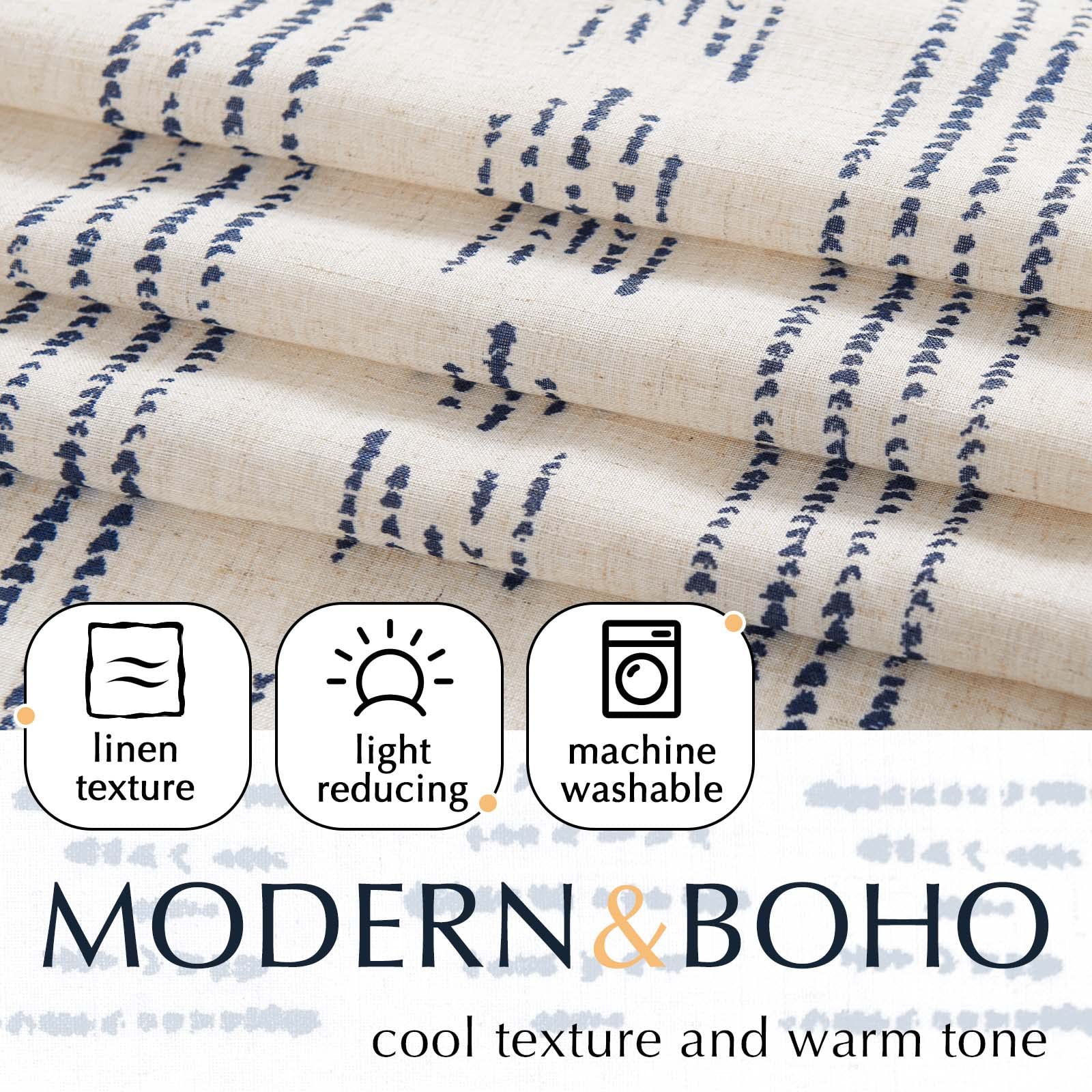 Jinchan Boho Kitchen Curtain Linen Tier Curtain Bohemian Cafe Curtain 24 Inch Geometric Striped Small Window Curtain Light Filtering Farmhouse Country Rustic For Bathroom Rv 1 Panel Blue On Beige