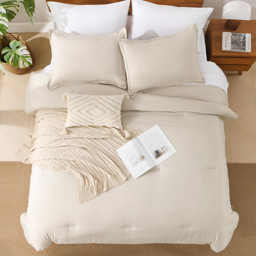 Andency Beige California King Comforter Set - 7 Pieces Cream Bed In A Bag Cal King Bedding Comforter Sets, Summer Solid Soft Lightweight Comforter With Fitted Sheets, Flat Sheets, Pillowcases & Shams