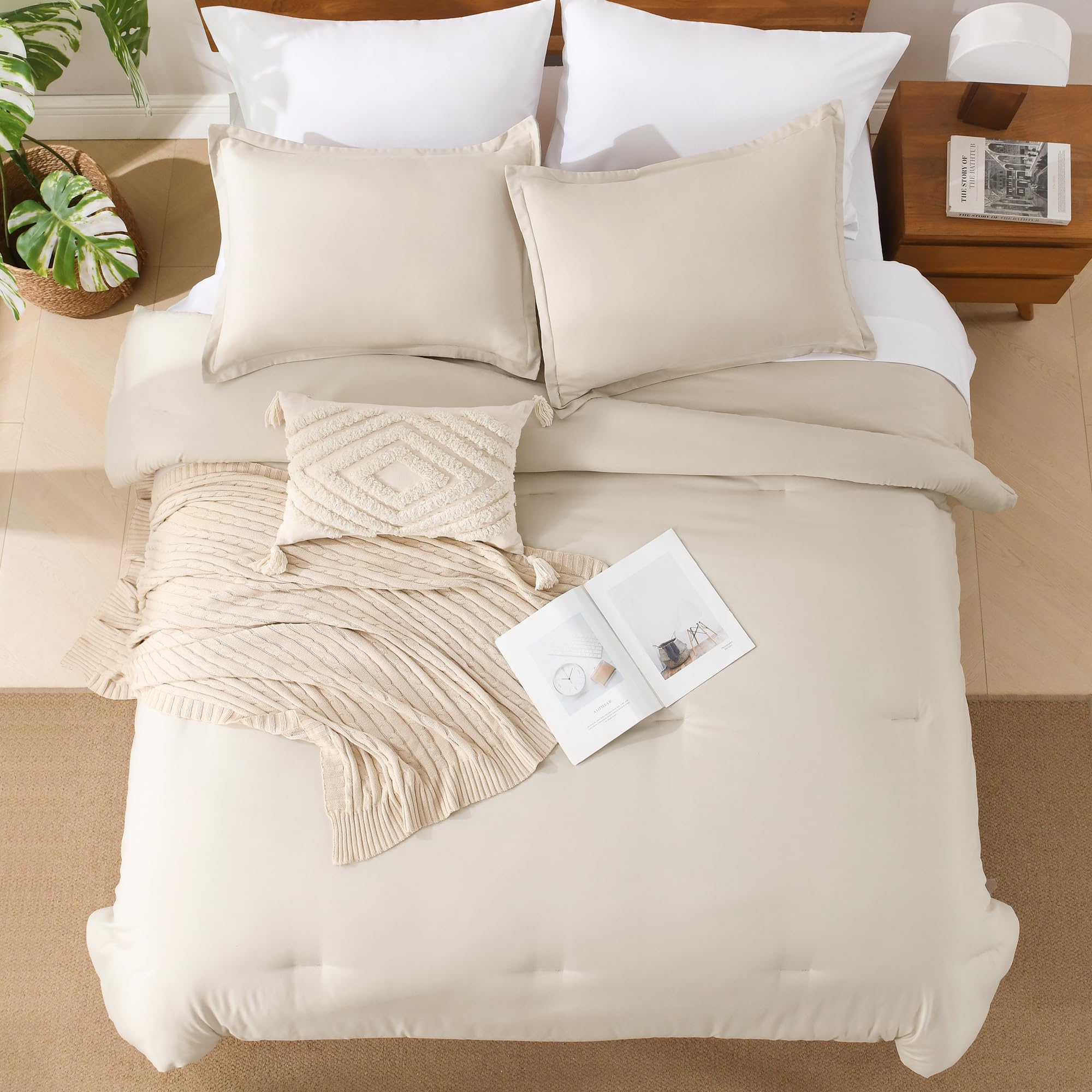 Andency Beige Queen Comforter Set - 7 Pieces Cream Bed In A Bag Queen Bedding Comforter Sets, Summer Solid Soft Lightweight Comforter With Fitted Sheets, Flat Sheets, Pillowcases & Shams