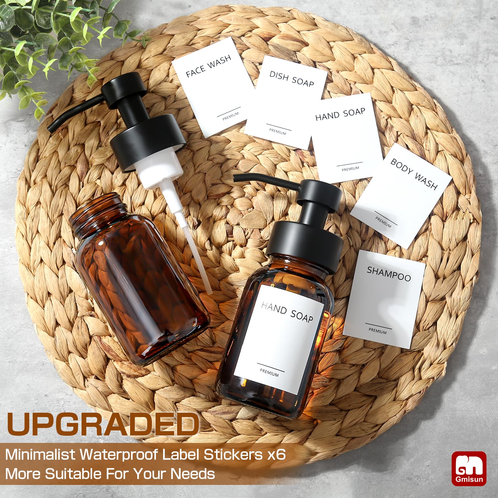 Gmisun Foaming Soap Dispenser, 8.5 Oz Amber Glass Foam Soap Dispenser For Bathroom & Kitchen, 2 Pack Modern Refillable Foaming H