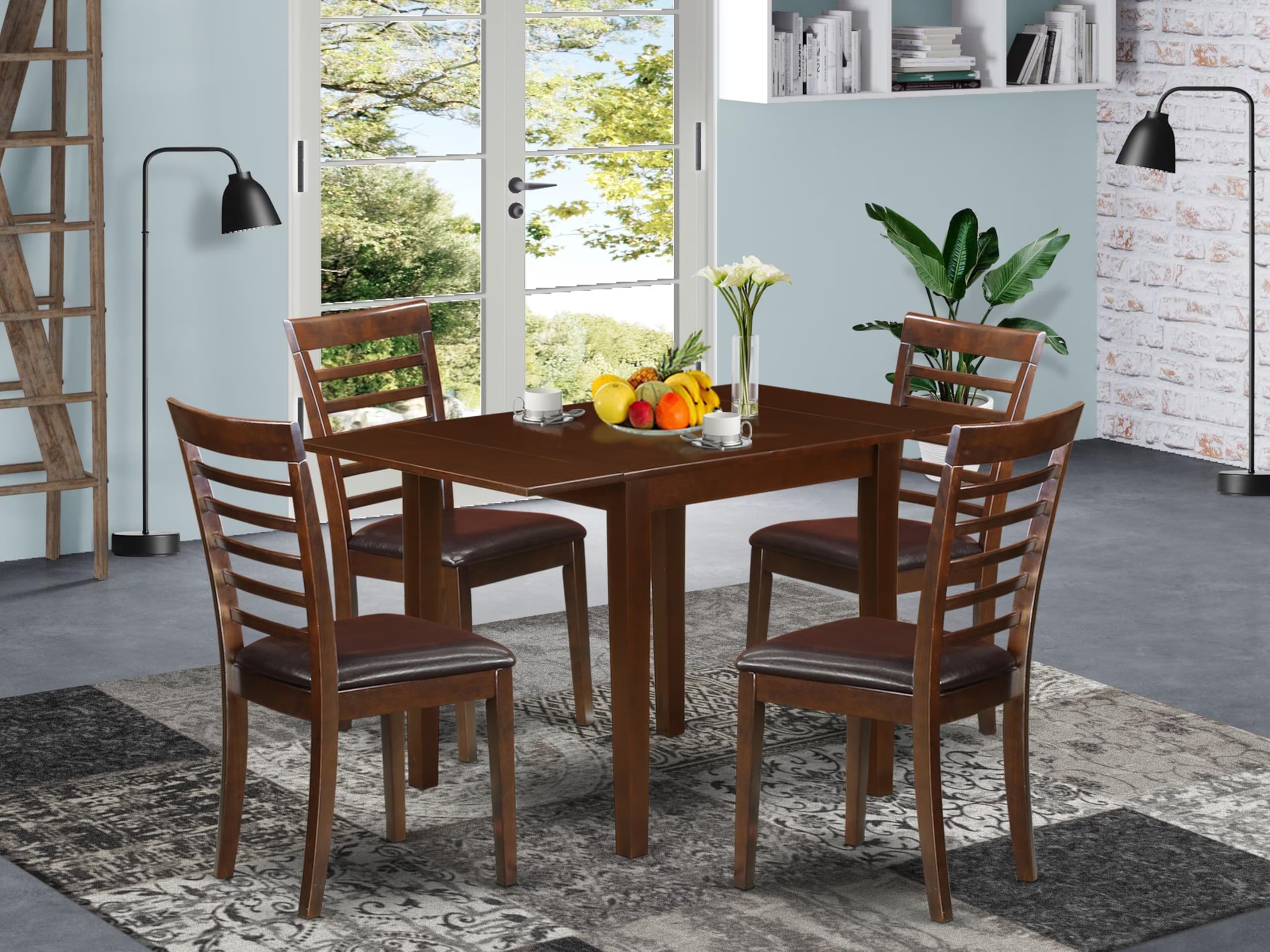 East West Furniture Ndml5-Mah-Lc 5 Piece Dining Room Table Set Includes A Rectangle Kitchen Table With Dropleaf And 4 Faux Leather Upholstered Dining Chairs, 30X48 Inch, Mahogany