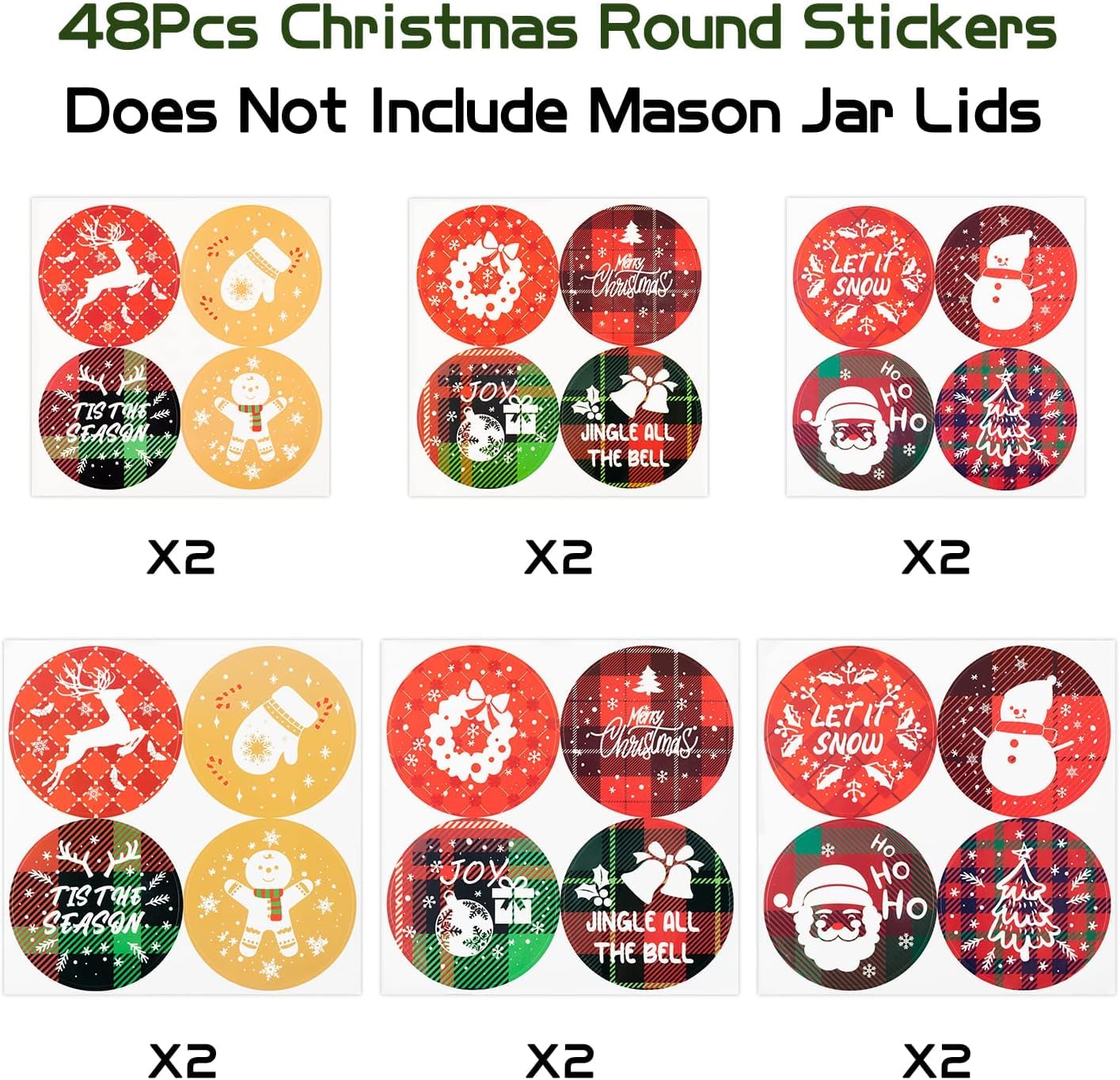 Haooryx 48Pcs Christmas Mason Jar Canning Lid Stickers For Christmas Tree Decorations, Round Self-Adhesive Stickers For Metal Bo