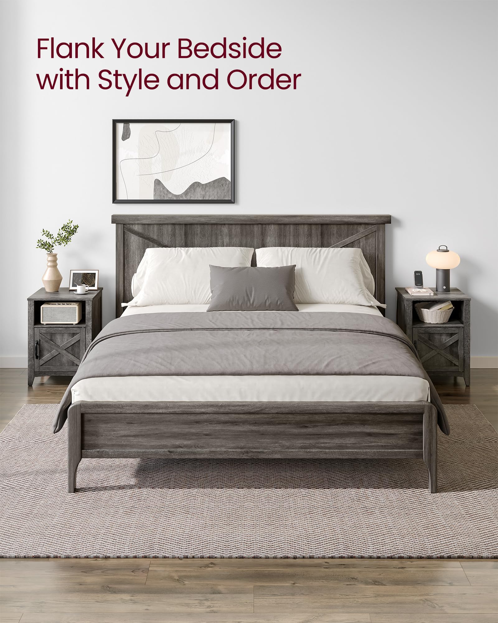 Vasagle Farmhouse Nightstand With Barn Door, Set Of 2, Bedside Table With Storage, Side End Table, Night Stand With Open Compartment, For Bedroom, Misty Gray Ulet809G68