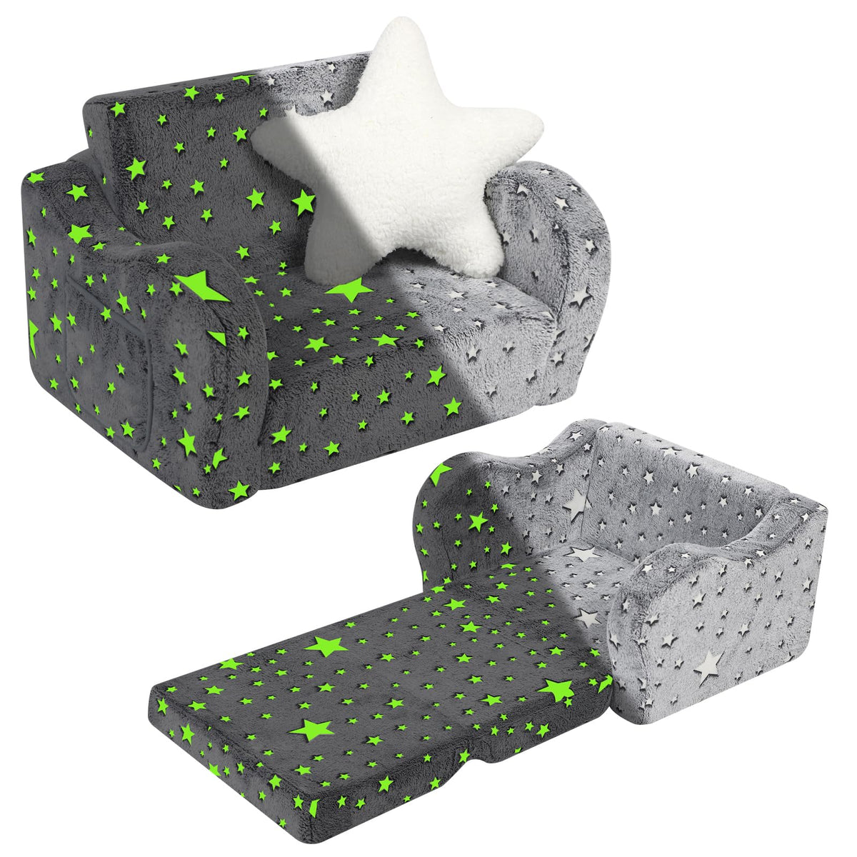 Momcaywex Star Glow In The Dark Toddler Couch, 2-In-1 Toddler Soft Couch Fold Out With Star Pillow, Convertible Sofa To Lounger For Girls And Boys, 1-Seat
