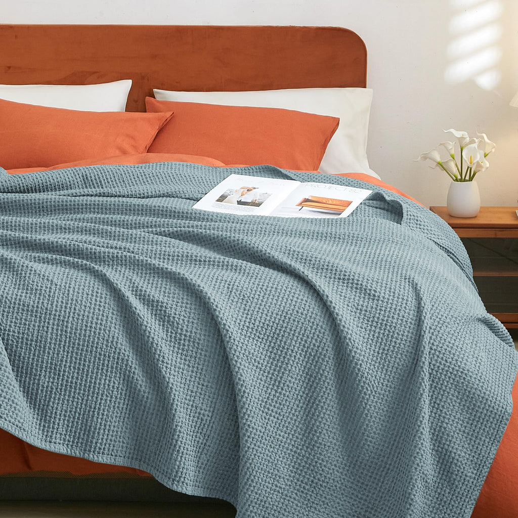Phf 100% Cotton Waffle Weave Blanket King Size 104' X 90' - Lightweight Cozy Washed Soft Breathable Throw - Perfect Layer For Couch Bed Sofa - Elegant Aesthetic Home Decoration Gift - Ocean