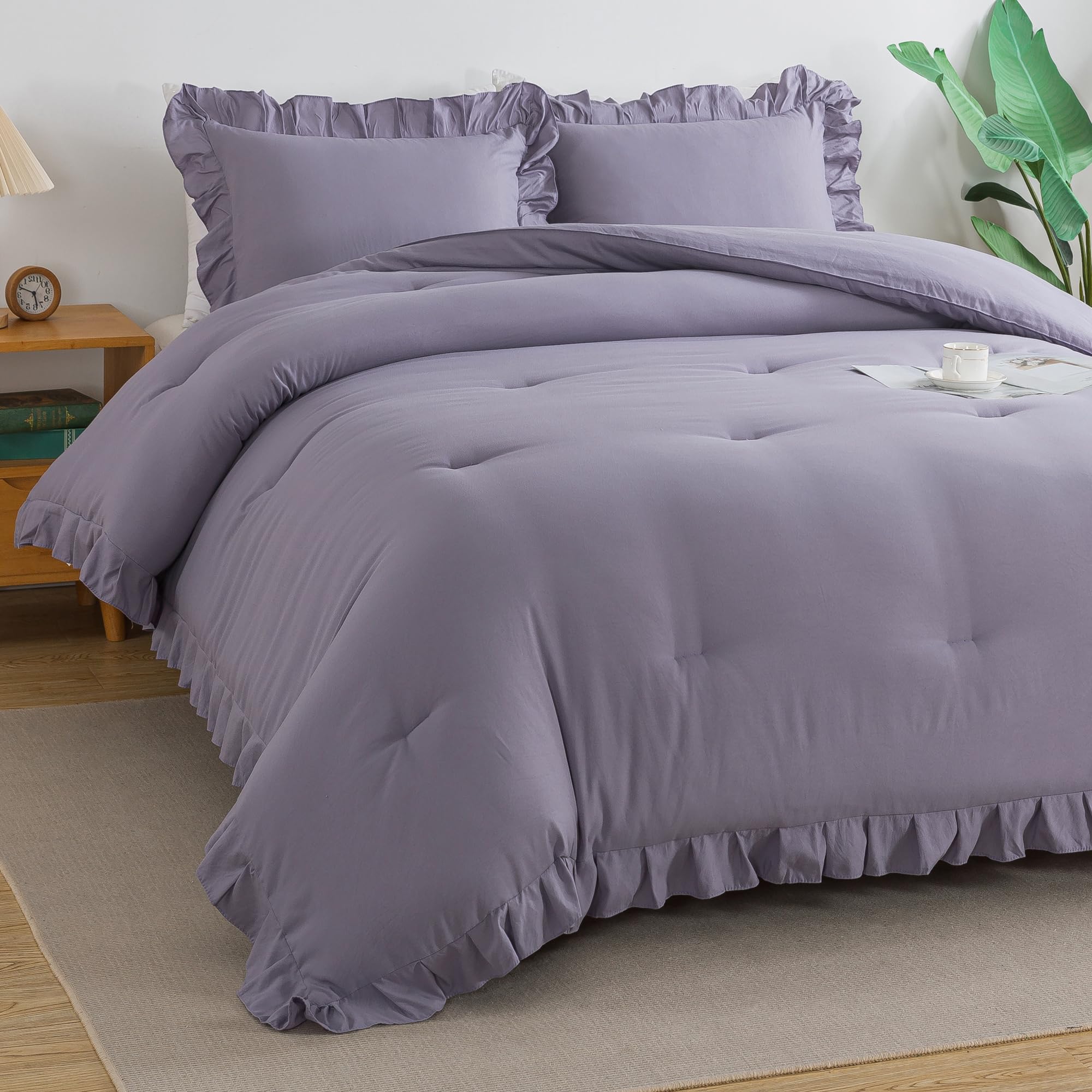 Andency Grayish Lavender Purple King Comforter Set, 3 Pieces Solid Ruffle Bedding Set & Collections, Lightweight Fluffy Soft Microfiber All Season Shabby Chic Bedding Set