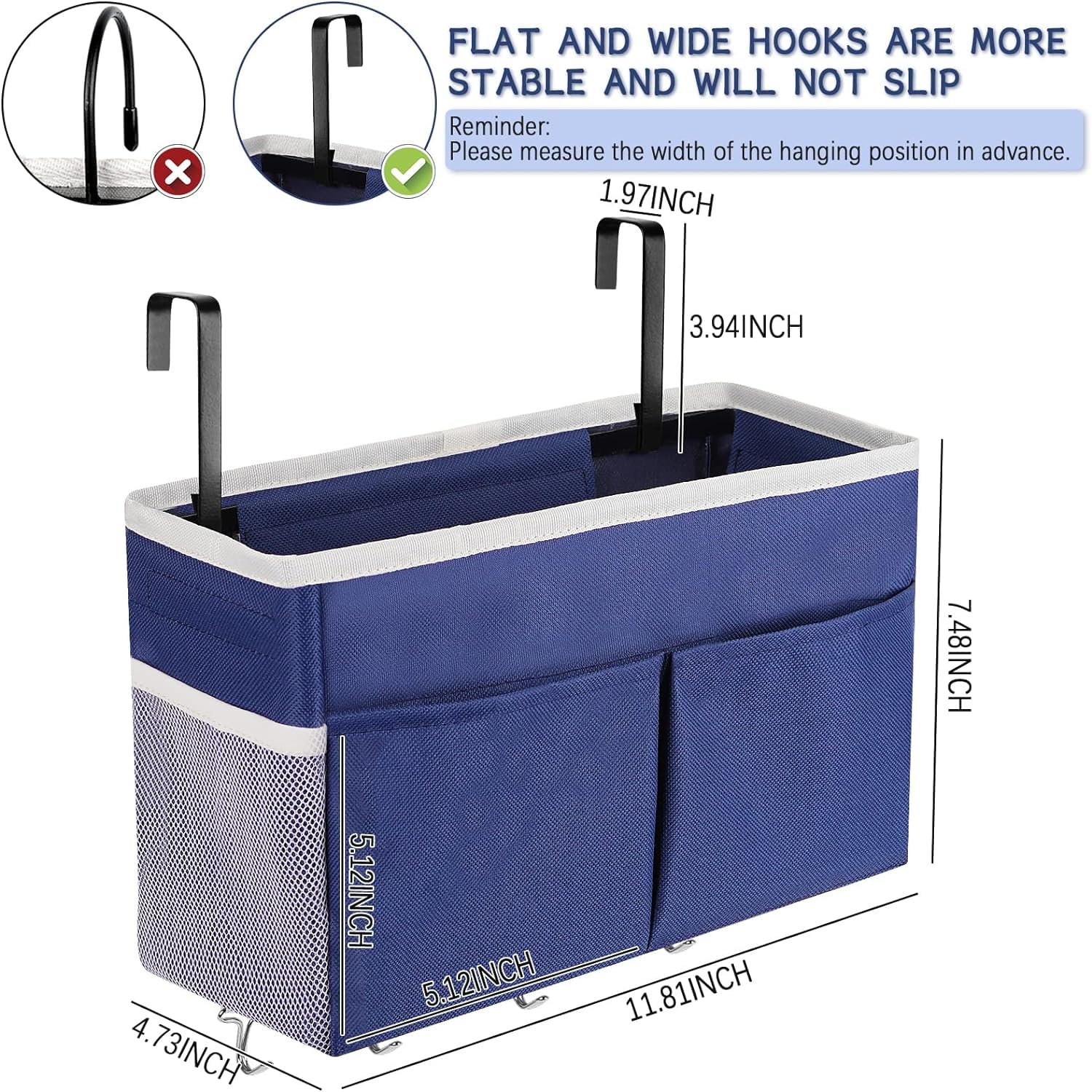 Frjjthchy Bedside Storage Organizer 5 Pockets With 4 Hooks Hanging Storage Bag For Headboards/Bunk Bed (2Pack Dark Blue)
