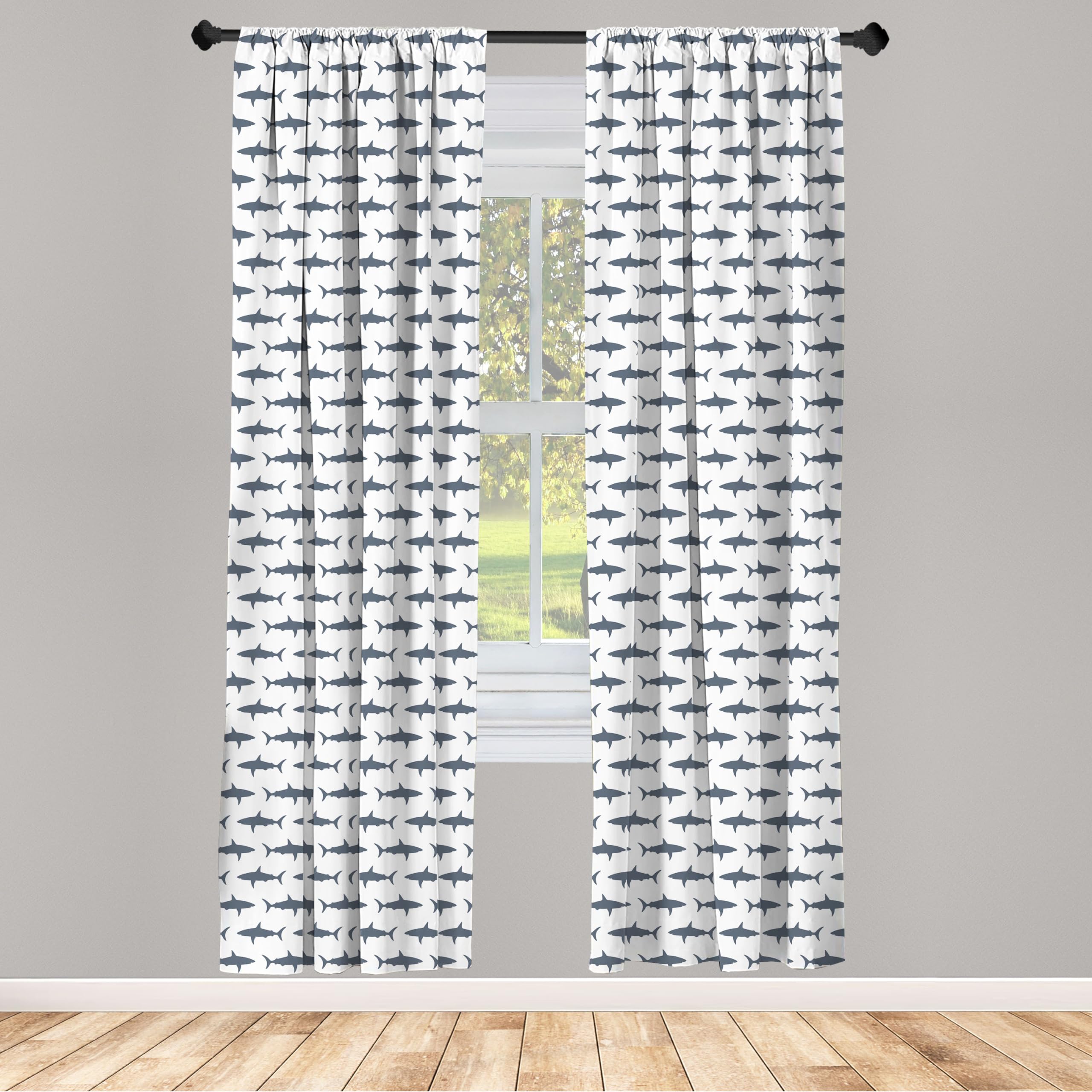 Ambesonne Sea Animals Window Curtains Pack Of 2, Sharks Swimming Horizontal Silhouettes Powerful Dangerous Wild Life, Lightweigh