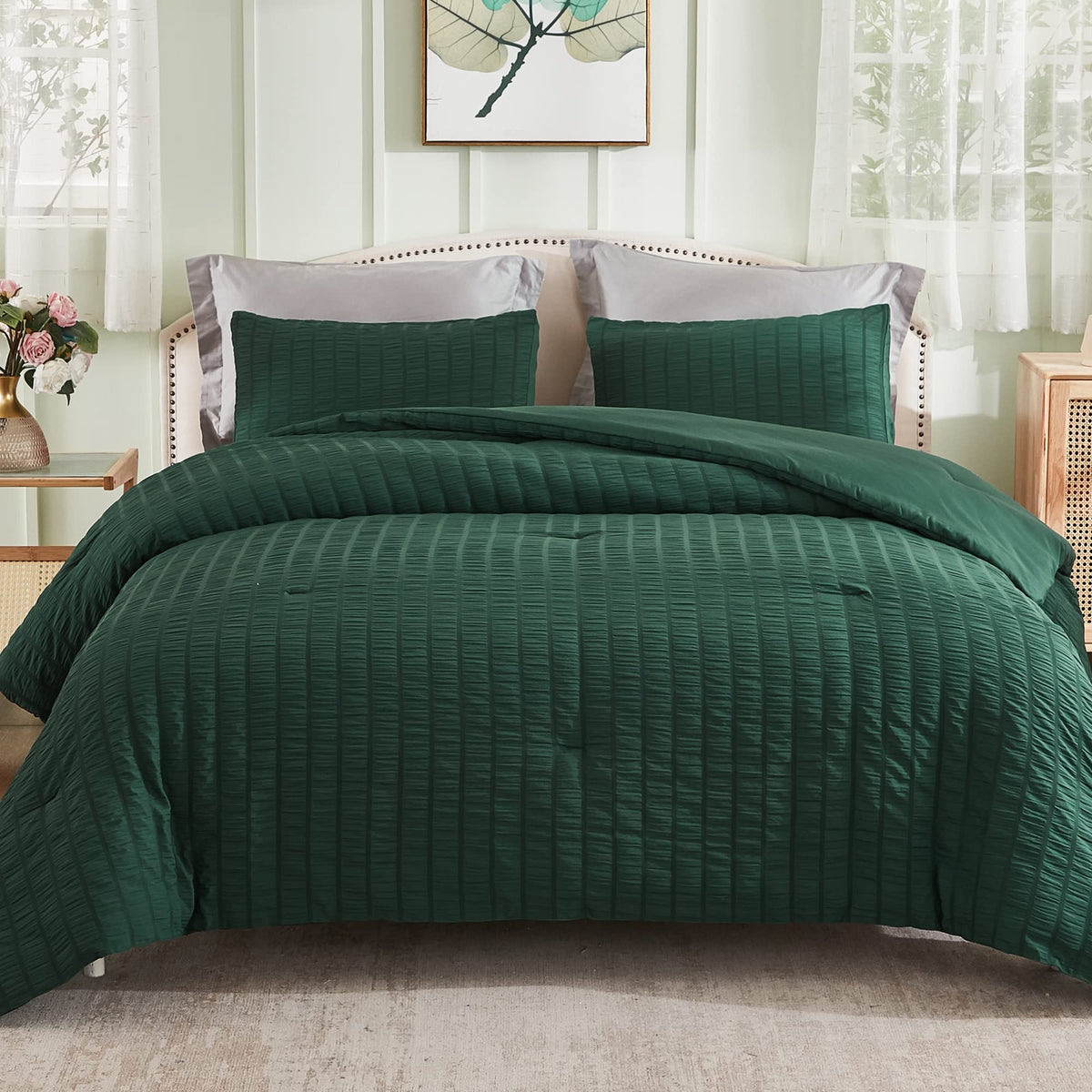 Avelom Dark Green Seersucker Queen Comforter Set (90X90 Inches), 3 Pieces-100% Soft Washed Microfiber Lightweight Comforter With 2 Pillowcases, All Season Down Alternative Comforter Set For Bedding