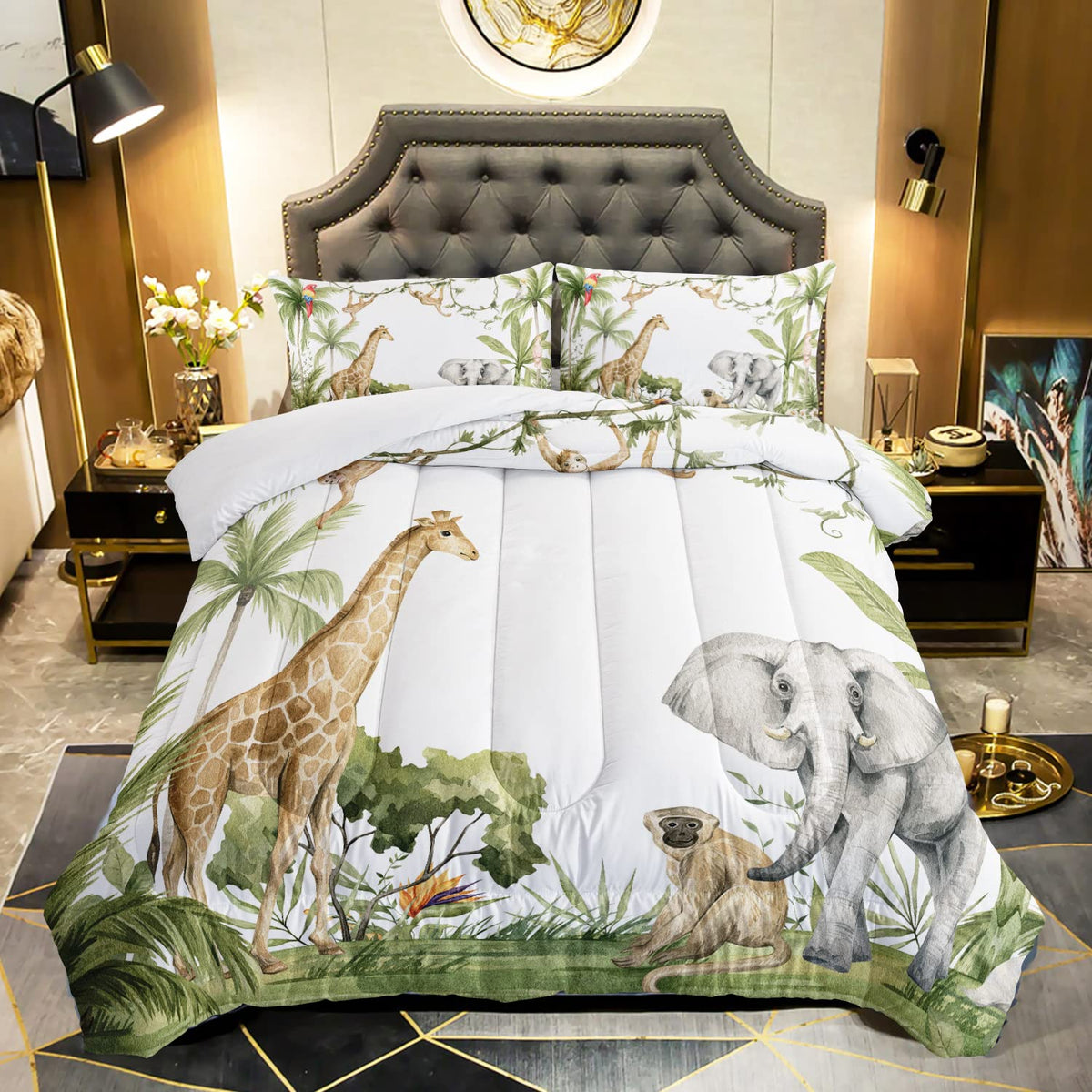 Qoomo Elephant Giraffe Monkeys Comforter Twin Size,Wild Animals Kids Comforter Set,3Pcs Bedding Set Printed Comforter With 2 Pil