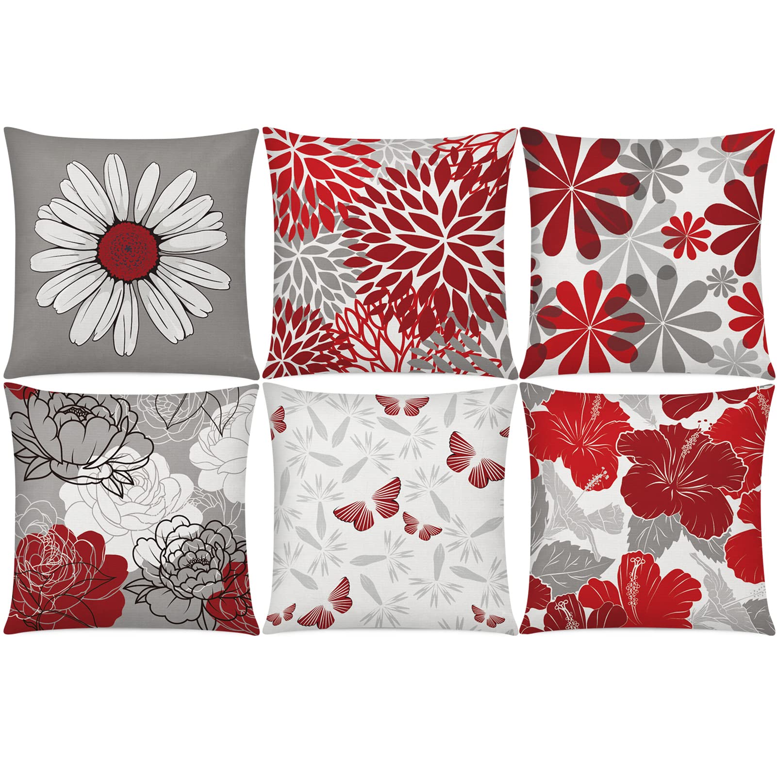 Comminy Red Grey Pillow Covers 16X16 Set Of 6 Decorative Burgundy Daisy Throw Pillow Cover For Couch Modern Farmhouse Cushion Co