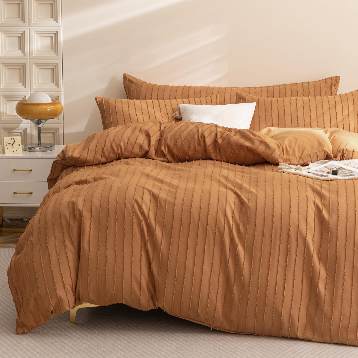 Jellymoni Rust Duvet Cover Twin Size - 3Pcs Microfiber Tufted Duvet Cover Set, Boho Striped Tufted Textured Duvet Cover With Cor