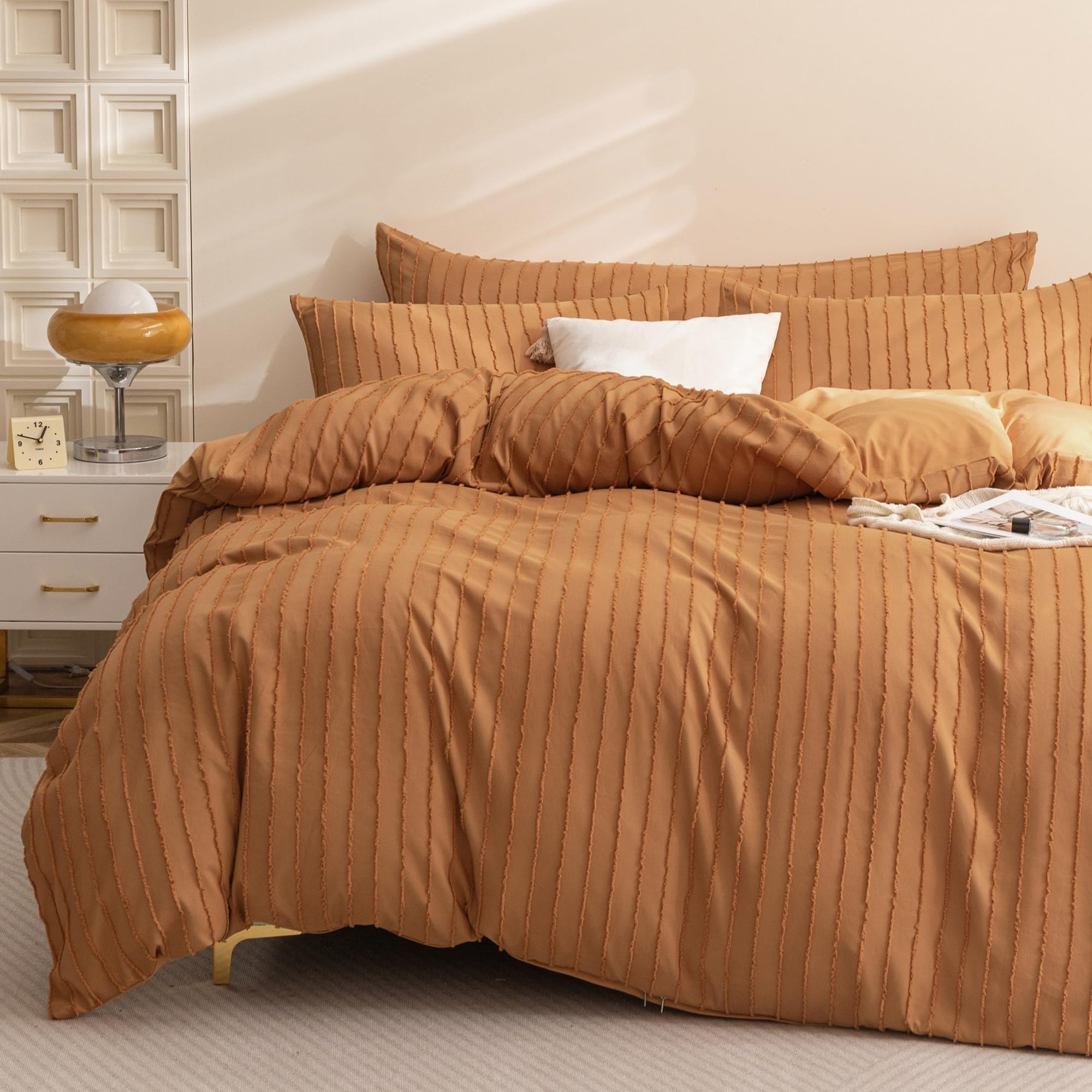 Jellymoni Rust Duvet Cover King Size - 3Pcs Microfiber Tufted Duvet Cover Set, Boho Striped Tufted Textured Duvet Cover With Cor