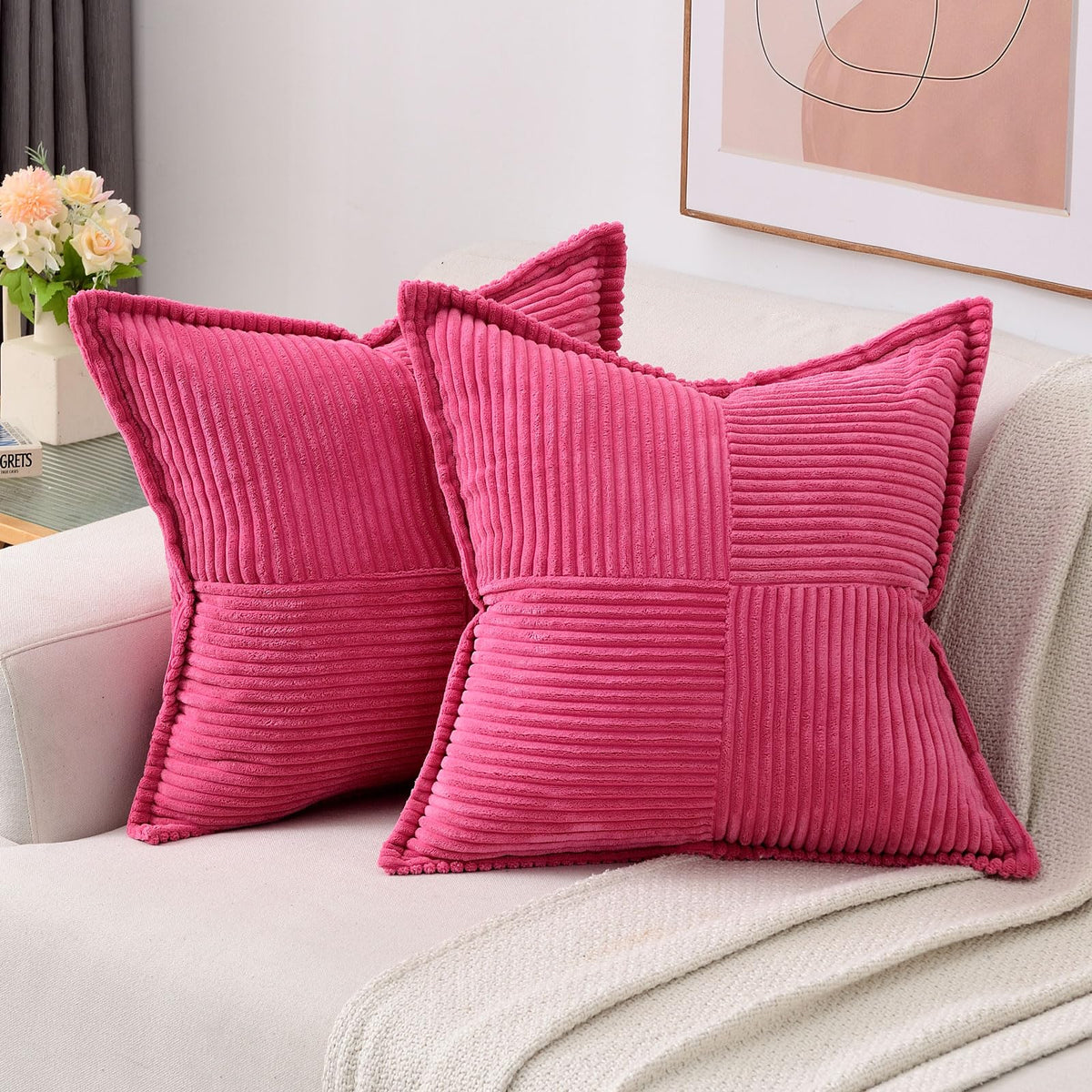 Haussy Hot Pink Throw Pillow Covers 14X14 Inch Set Of 2,Soft Solid Corduroy Striped/Wide Bordered,Square Decorative Cushion Case