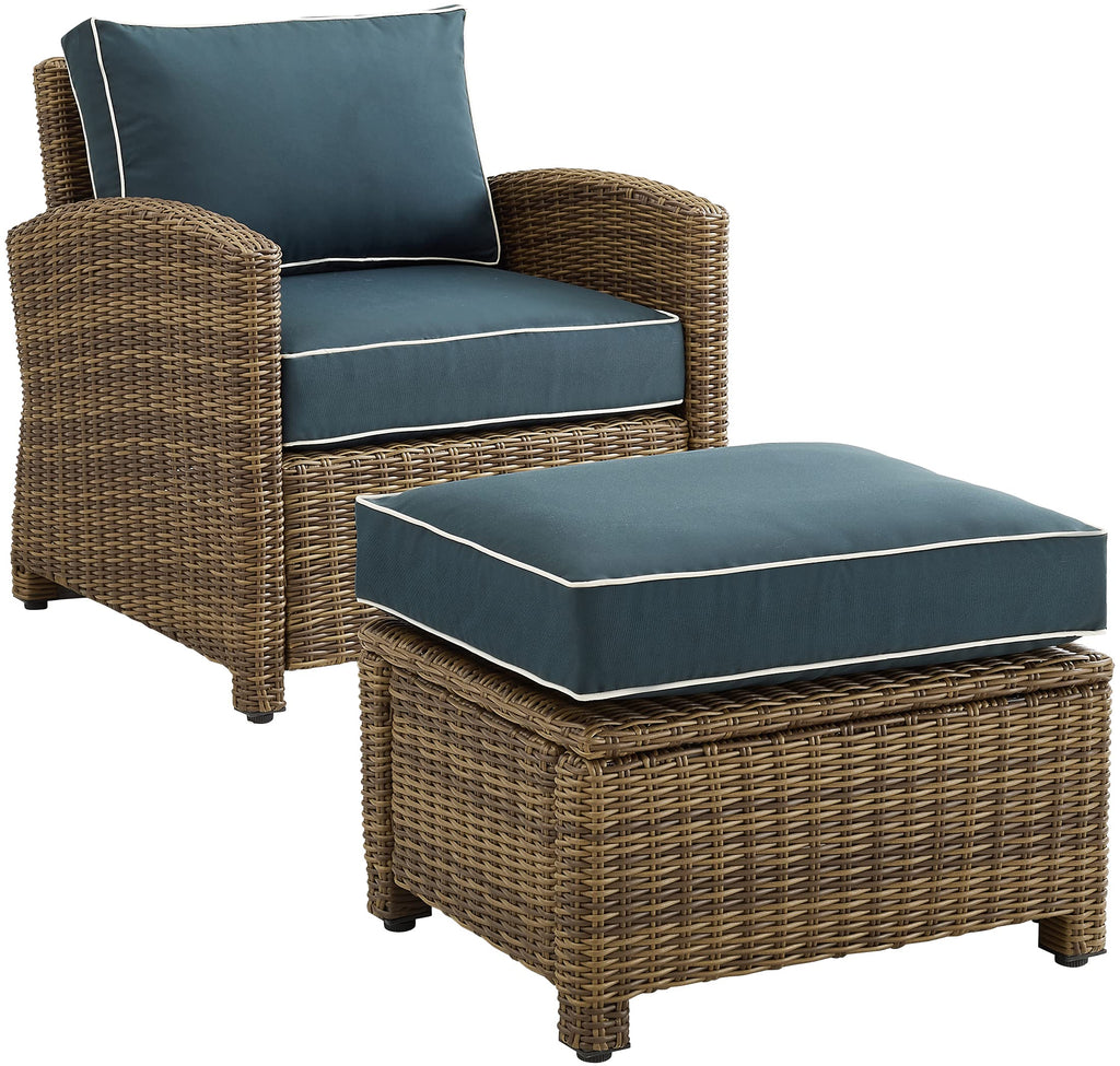 Crosley Furniture Bradenton 2-Piece Outdoor Chair and Ottoman Set, Wicker Patio Conversation Sets for Porch, Brown with Navy Cushions