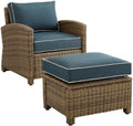 Crosley Furniture Bradenton 2-Piece Outdoor Chair and Ottoman Set, Wicker Patio Conversation Sets for Porch, Brown with Navy Cushions