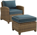 Crosley Furniture Bradenton 2-Piece Outdoor Chair and Ottoman Set, Wicker Patio Conversation Sets for Porch, Brown with Navy Cushions