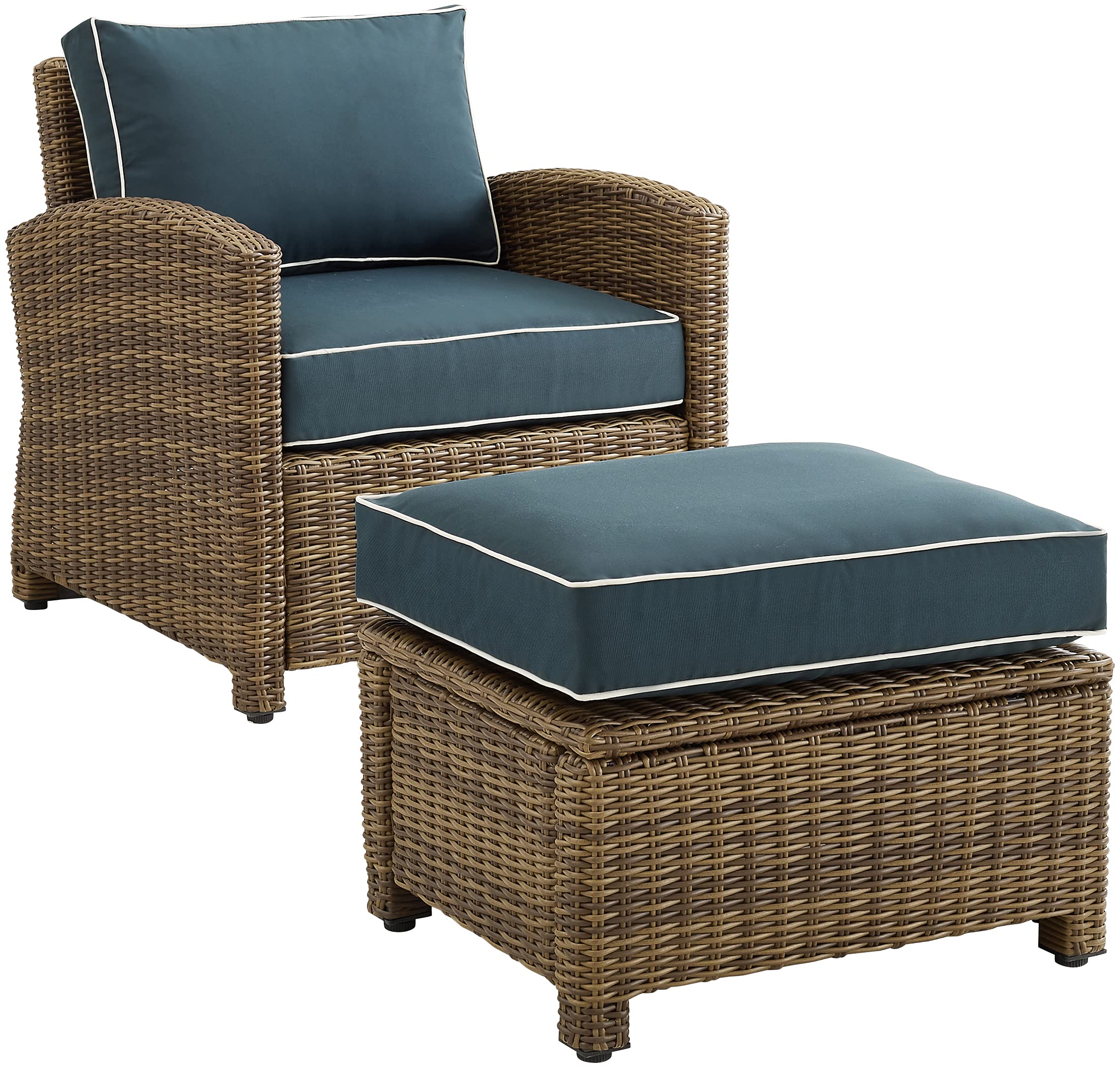 Crosley Furniture Bradenton 2-Piece Outdoor Chair and Ottoman Set, Wicker Patio Conversation Sets for Porch, Brown with Navy Cushions