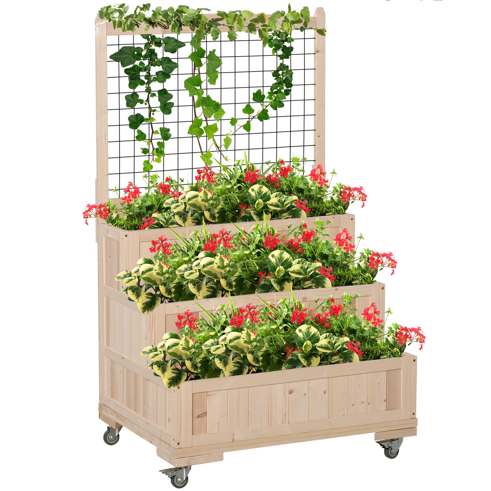 Outsunny 3-Tiers Raised Garden Bed With Trellis, 53' H Vertical Planter Box With Wheels & Back Storage Area, For Flowers, Veget