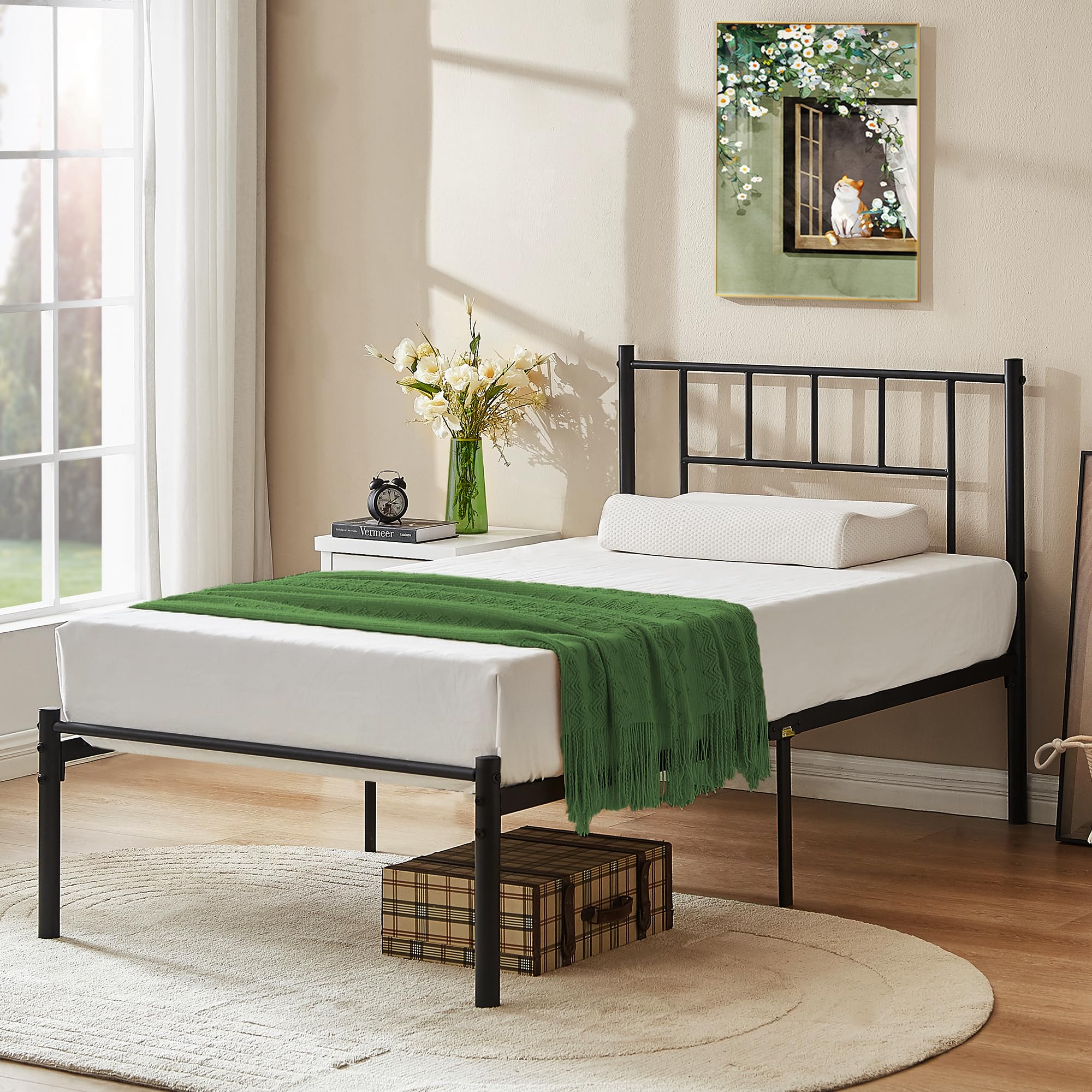 Vecelo Twin Metal Platform Bed Frame With Headboard, Heavy Duty Steel Slat Support, Under Bed Storage,No Box Spring Needed, Easy Assembly
