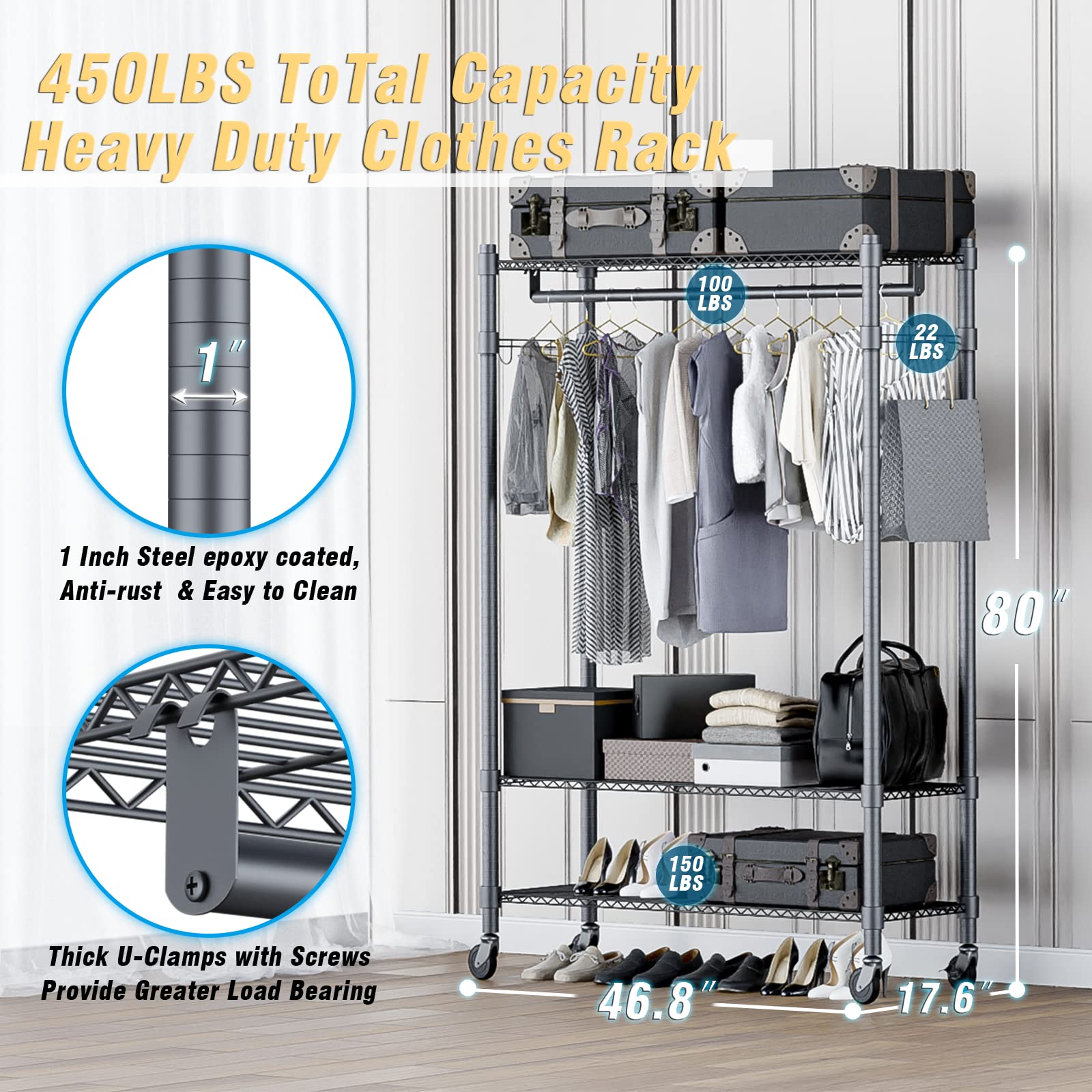 Homdox 3 Shelves Wire Shelving Clothing Rolling Rack Heavy Duty Commercial Grade Garment Rack With Wheels And Side Hooks (One Pa