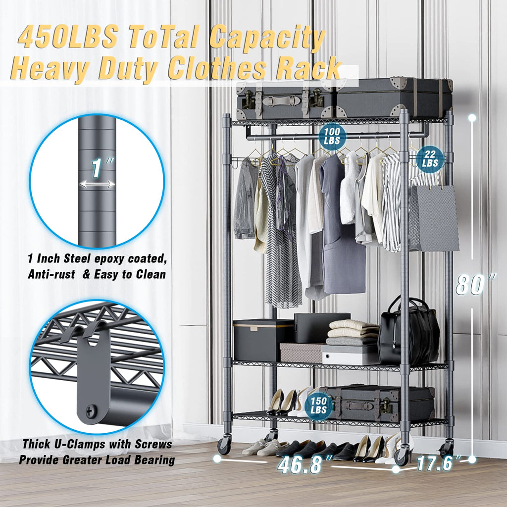Homdox 3 Shelves Wire Shelving Clothing Rolling Rack Heavy Duty Commercial Grade Garment Rack With Wheels And Side Hooks (One Pa