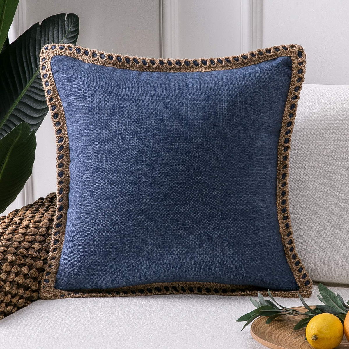 Phantoscope Farmhouse Solid Throw Decorative Pillow Cover Burlap Linen Trimmed Tailored Edges Outdoor Pillow Navy Blue 18 X 18 I