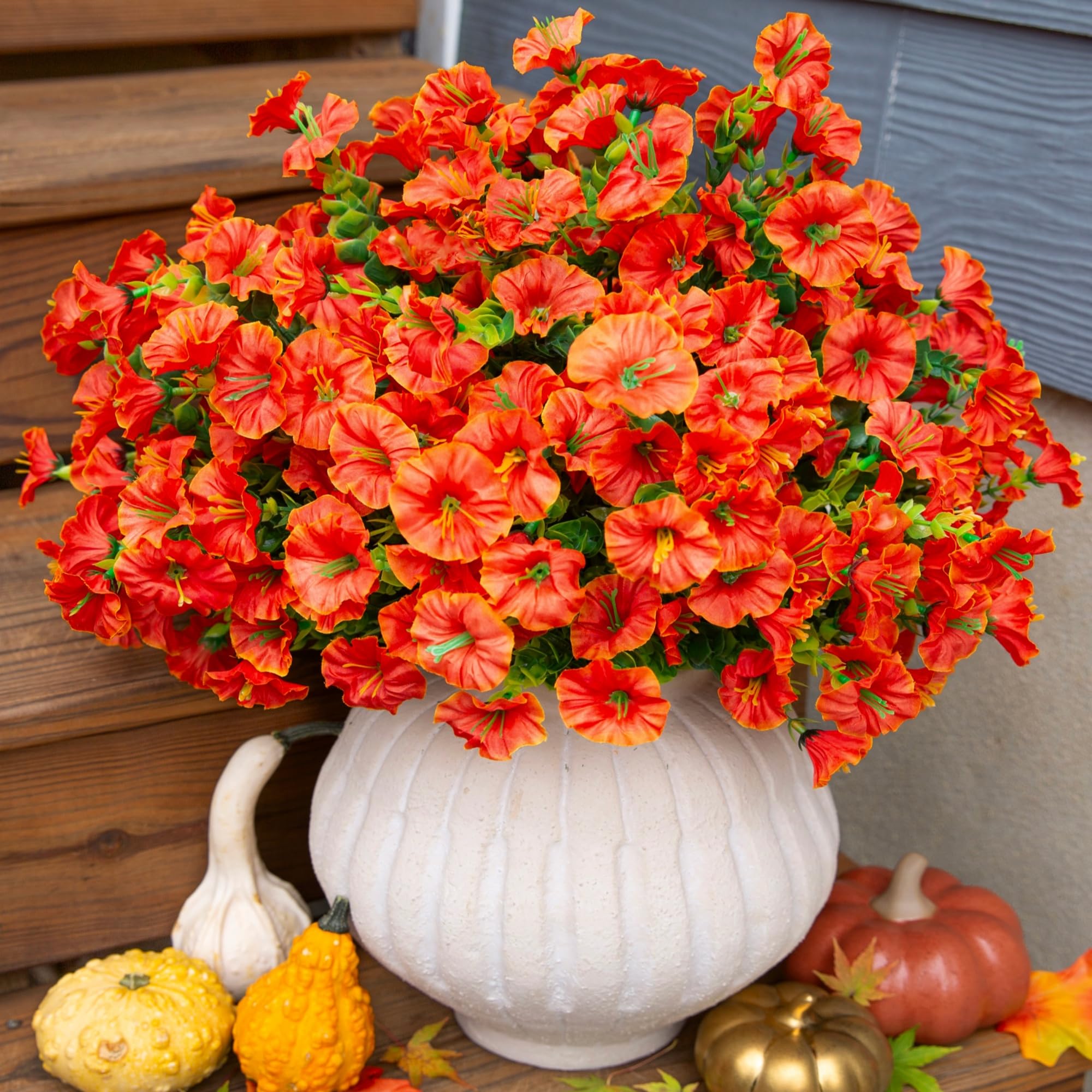 Ivydale Artificial Fake Fall Autumn Plants Flowers for Outdoor Outside, 12 Bundles Faux Silk Orange Morning Glory UV Resistant R