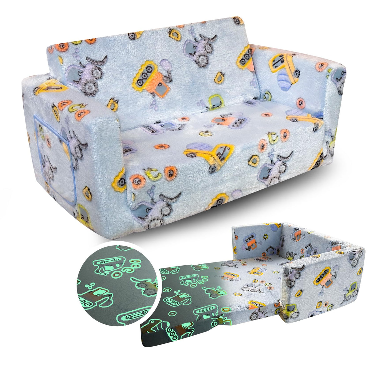 Truwelby Kids Sofa, Glow in The Dark Toddler Chairs Children's Extra Wide Convertible Sofa to Lounger - Extra Soft 2 Seats 2 in 