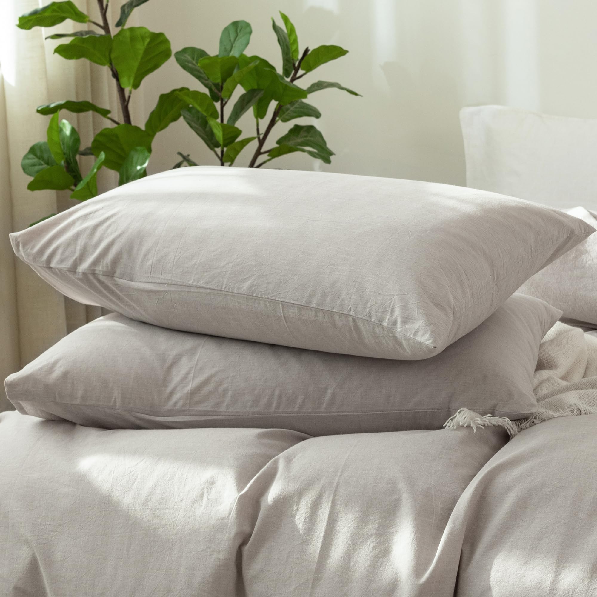 MooMee Bedding Pillowcases Pack of 2 100% Washed Cotton Linen Like Textured Breathable Durable Soft Comfy (Heathered Natural Lin