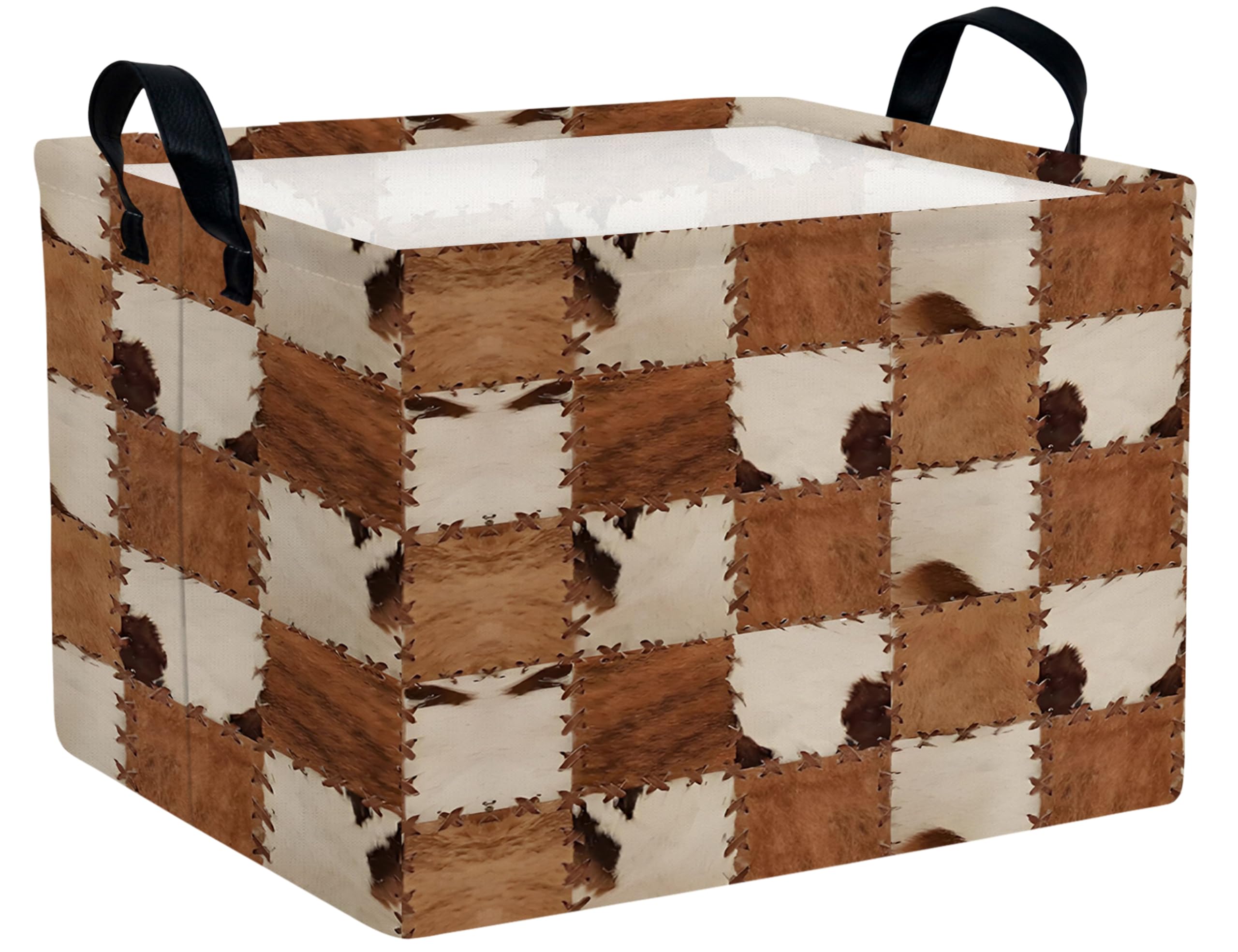 BOOHIT Checkered Kids Toy Basket Collapse Storage Bin with Handles Canvas Cow Fur Print Home Decor(Brown White)