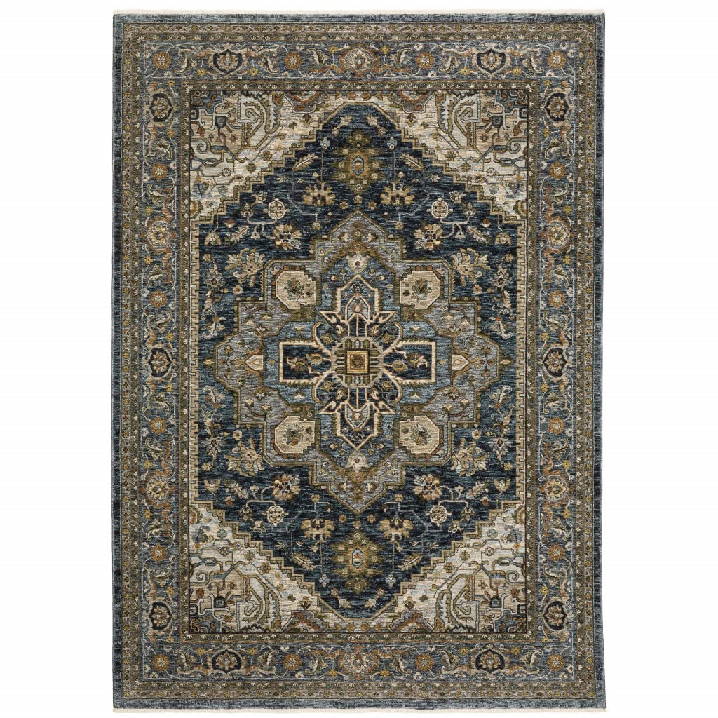 HomeRoots 508063 6 x 9 ft. Blue Taupe Gray Green Rust Tan Beige & Gold Oriental Power Loom Stain Resistant Rectangle Area Rug with Fringe