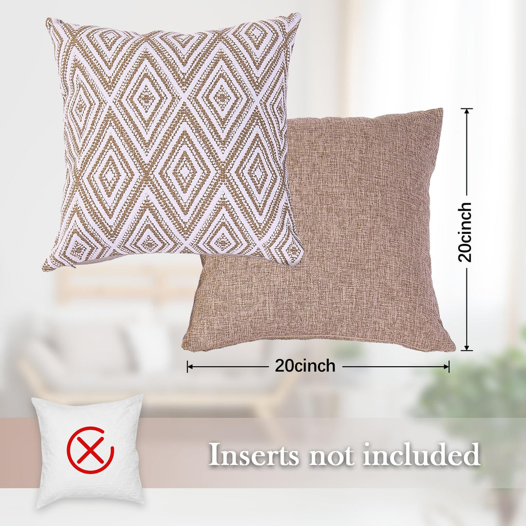 Hpuk Decorative Throw Pillow Covers Set Of 4 Geometric Design Linen Cushion Cover For Couch Sofa Living Room, 20'X20' Inches, Light Brown