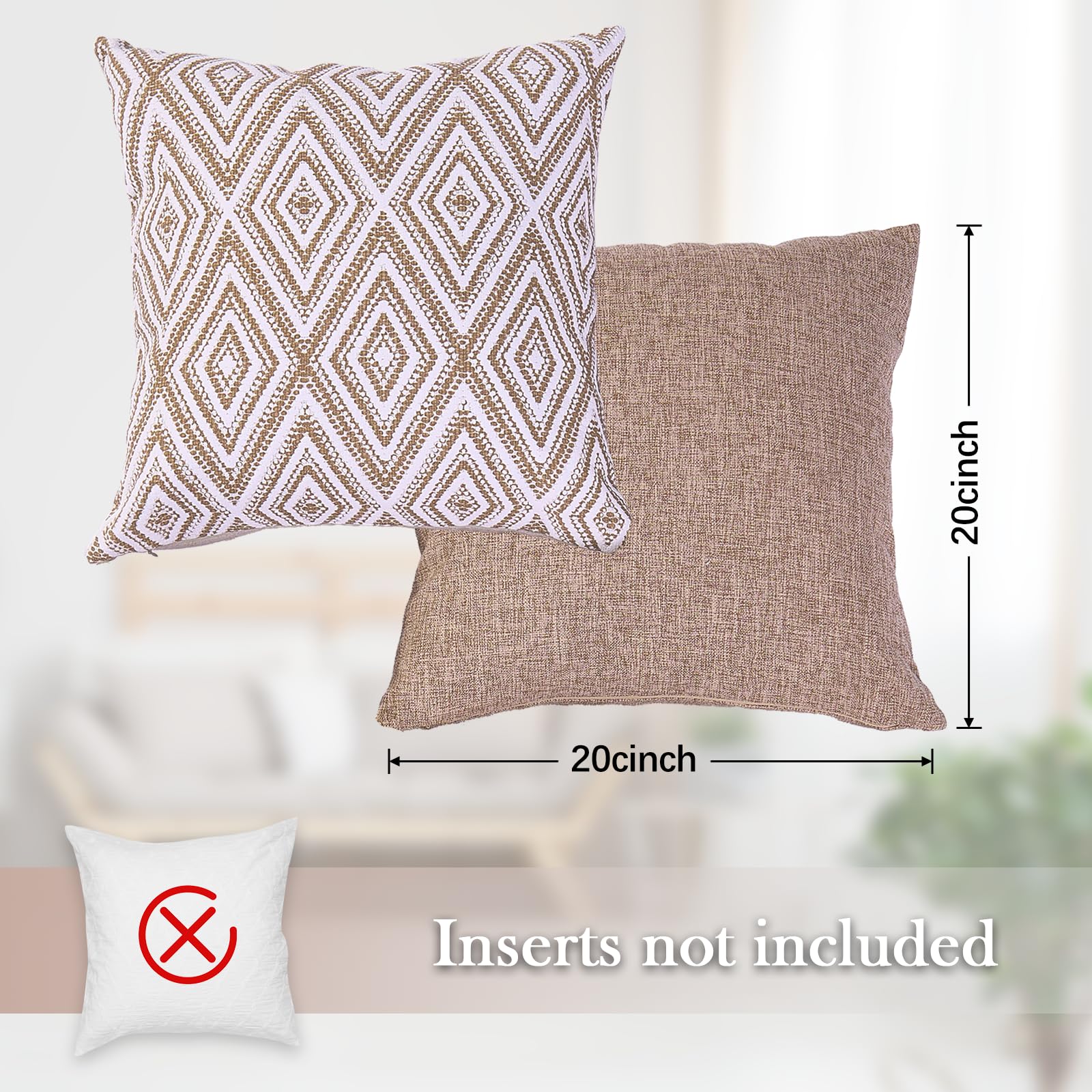 Hpuk Decorative Throw Pillow Covers Set Of 4 Geometric Design Linen Cushion Cover For Couch Sofa Living Room, 20'X20' Inches, Light Brown