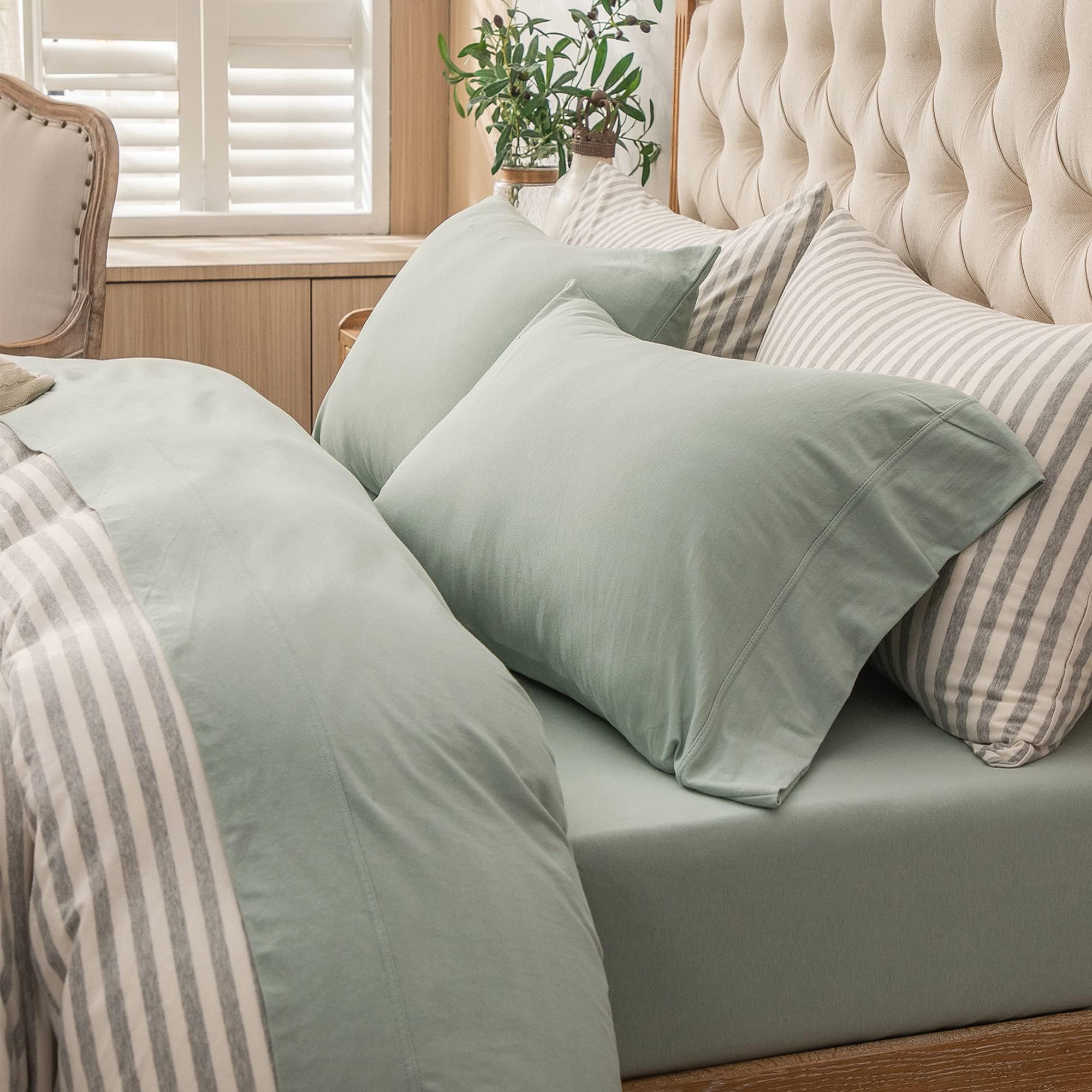 PURE ERA Jersey Knit 3pcs Bed Sheet Set 100% T-Shirt Cotton Super Soft Comfy Breathable Fits Mattress Up to 15  Extra Deep Pocke