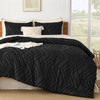 Litanika Black California King Comforter Set, 3 Pieces Cal King Oversized Chevron Tufted Solid Bedding Comforter Sets, Fluffy Be