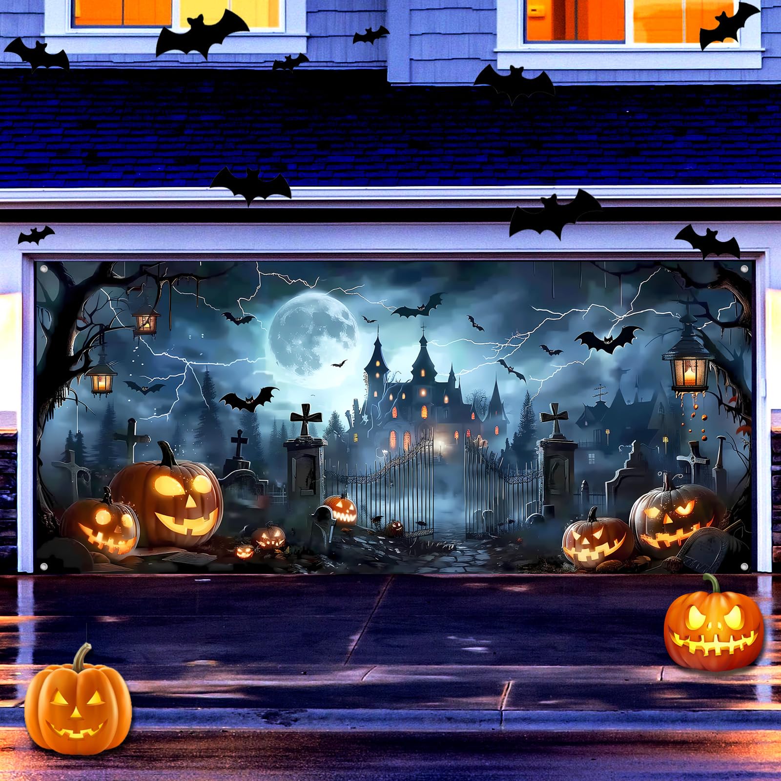 7X16Ft Halloween Garage Door Banner Large Hanging Backdrop Door Cover Gloomy Garage Wall Decoration Backdrop Mural For Home Outd