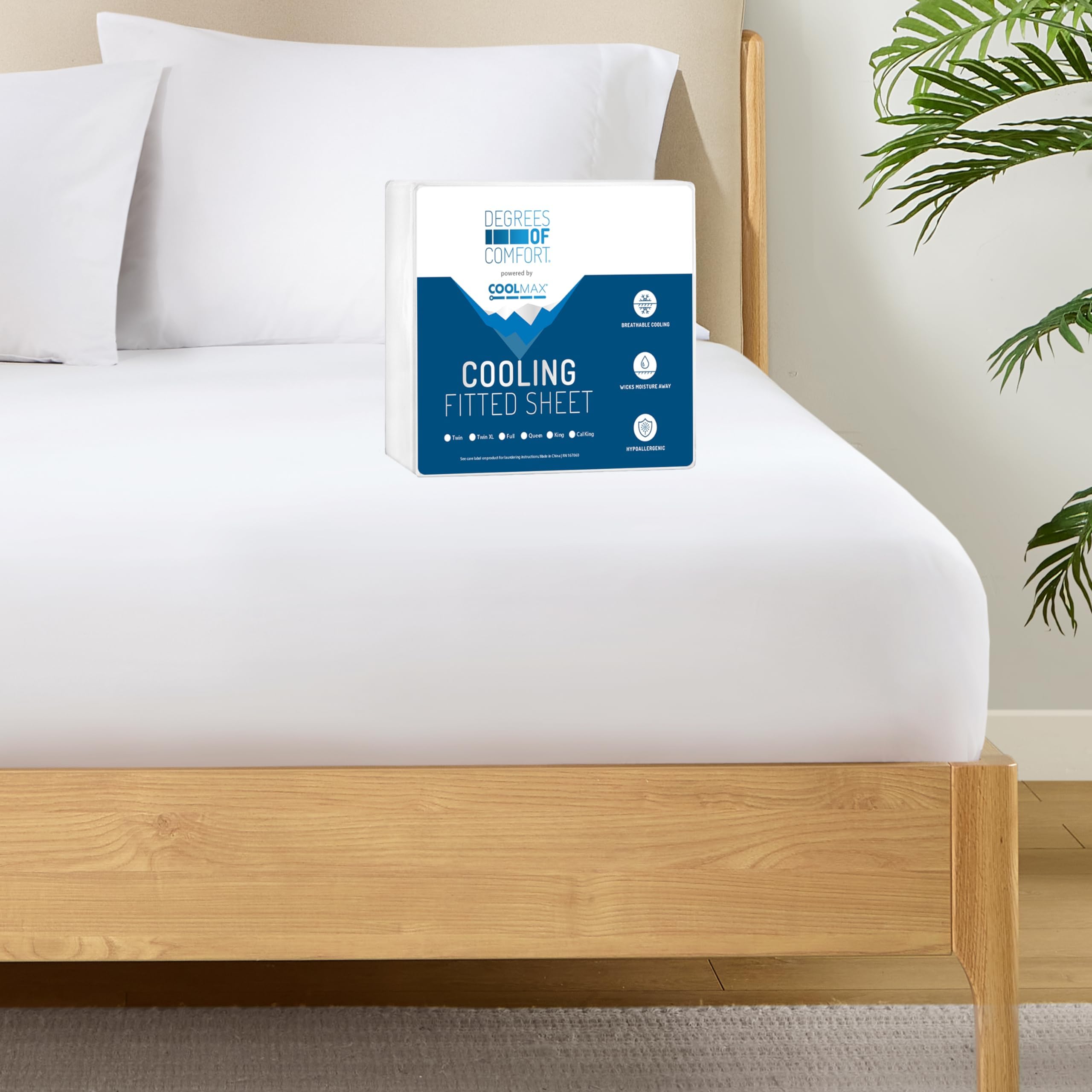Degrees Of Comfort Coolmax Cooling Fitted Sheet Only, California King Size Bed Soft Sheets For Hot Sleepers, Up To 15' Deep Pocket, All Around Elastic, Wrinkle Free, Fade Stain Resistant, White1Pc