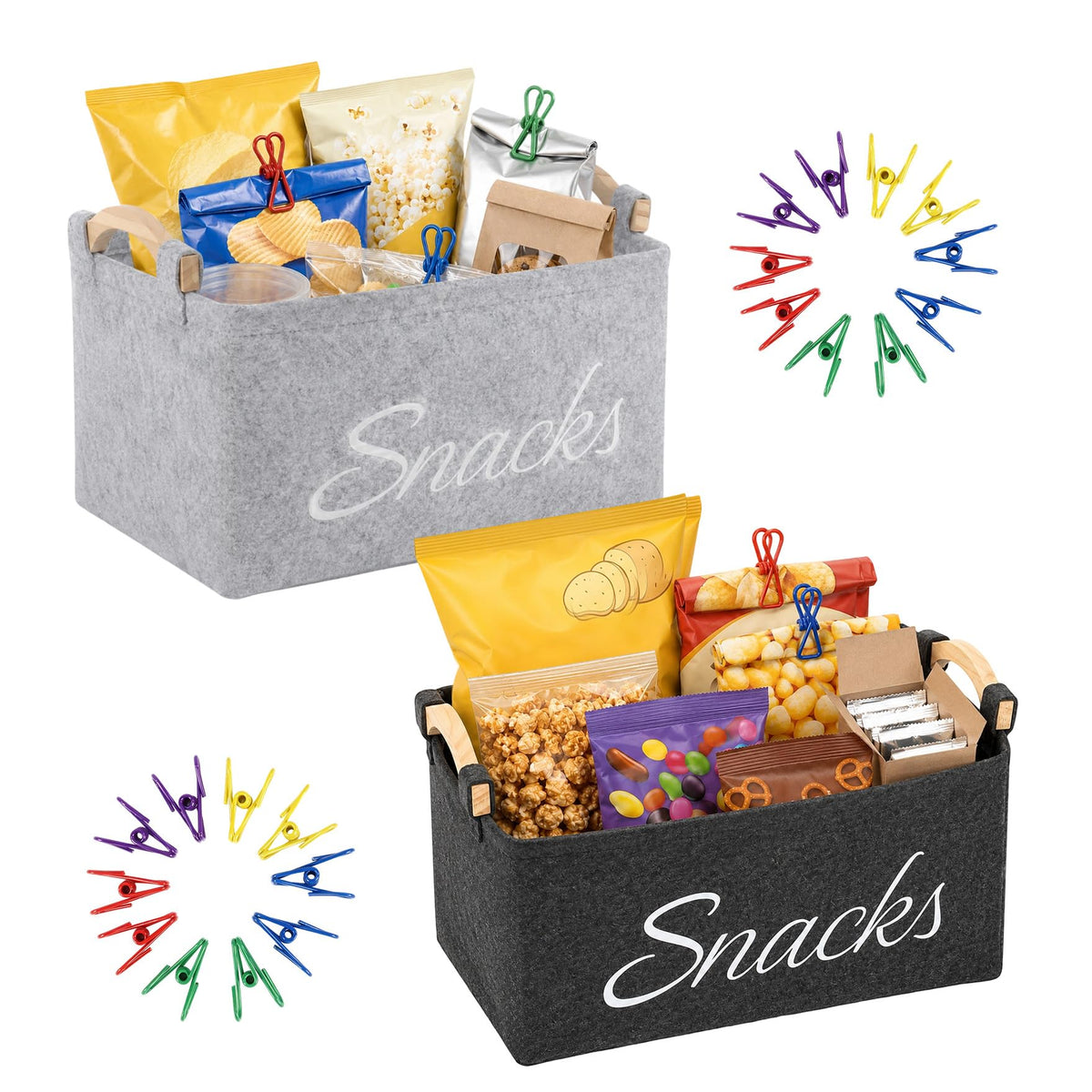 Klmnop 2 Pack Snack Basket Organizer for Pantry, Felt Storage Bins with Handles and 20 Pcs Bag Clips, Foldable Chip Basket Conta