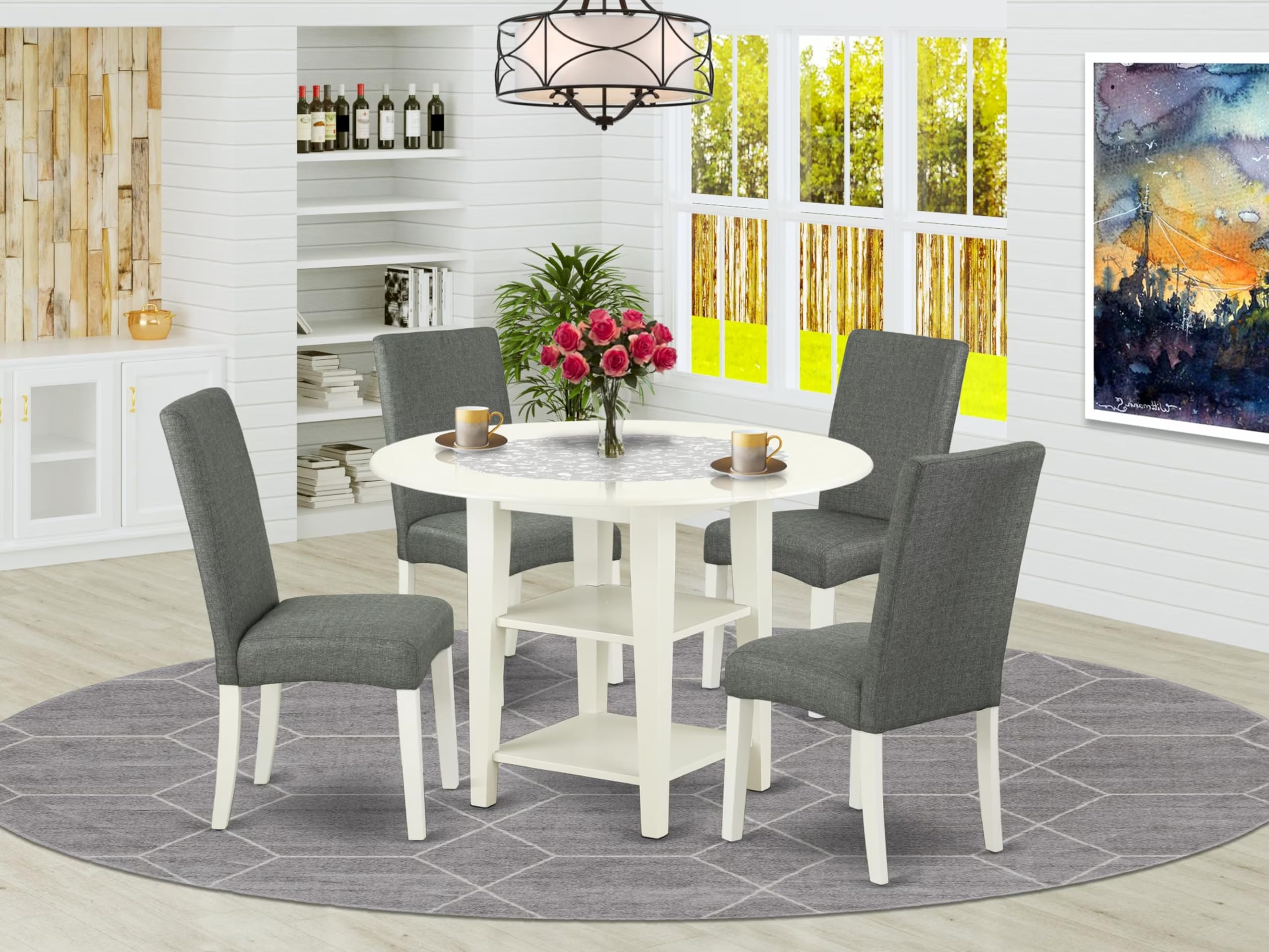 East West Furniture Sudr5-Lwh-07 5 Piece Dining Set Includes A Round Dining Room Table With Dropleaf & Shelves And 4 Gray Linen Fabric Upholstered Parson Chairs, 42X42 Inch, Linen White