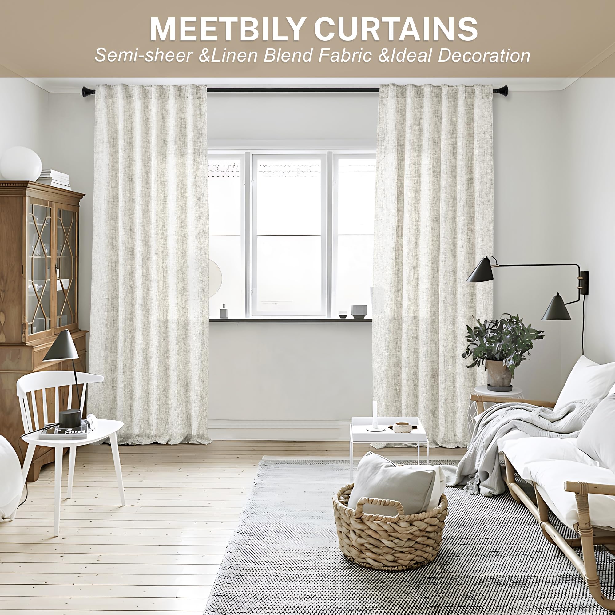 Meetbily Natural Linen Curtains 108 Inches Long For Living Room 2 Panel Set Back Tab Pocket Light Filtering Privacy Semi Sheer F