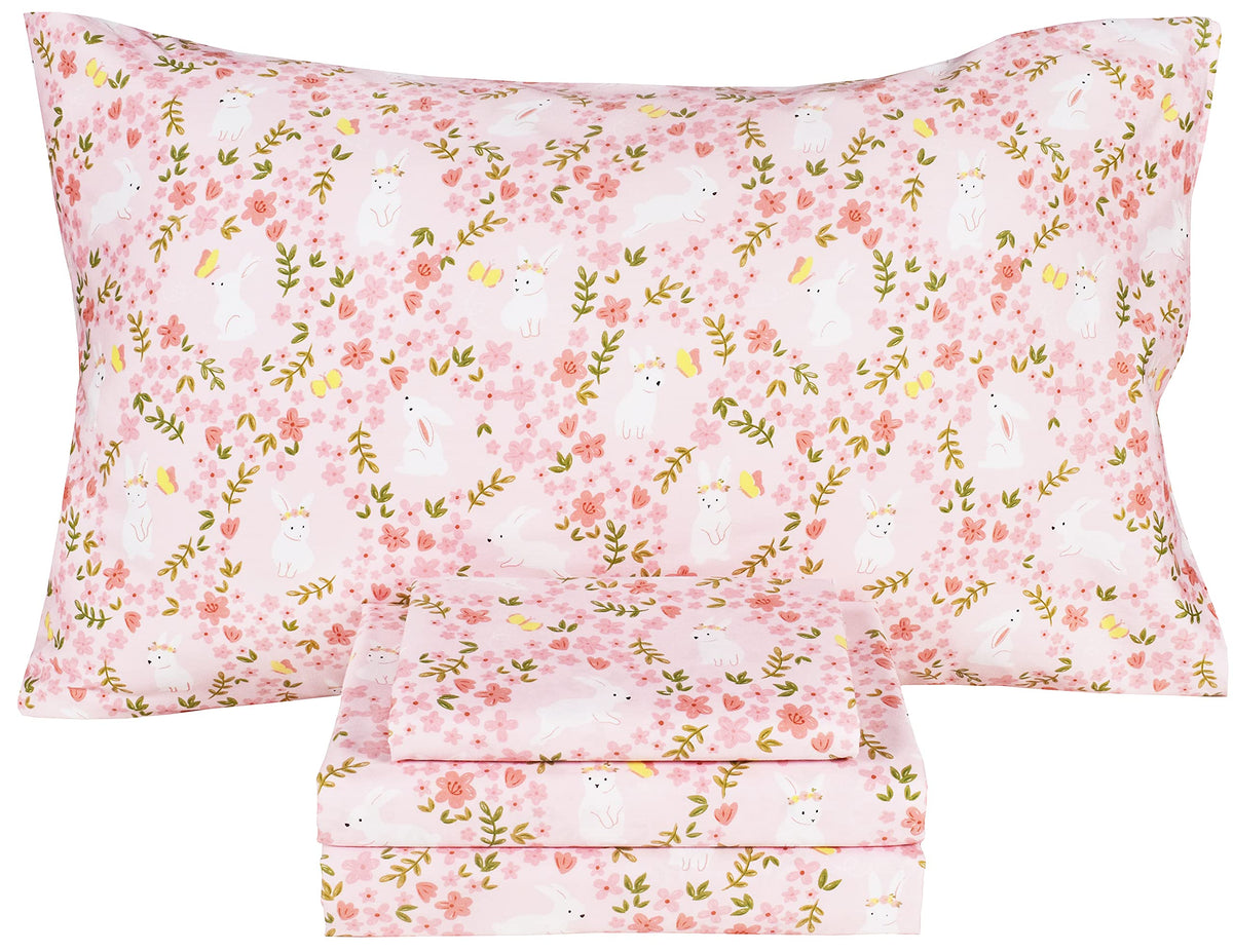 Scientific Sleep Pink Flower Rabbit Bunny 100% Cotton 4 Pcs Twin Bed Sheet Set Kids Toddler Teen, Flat Sheet & Fitted Sheet & Pi