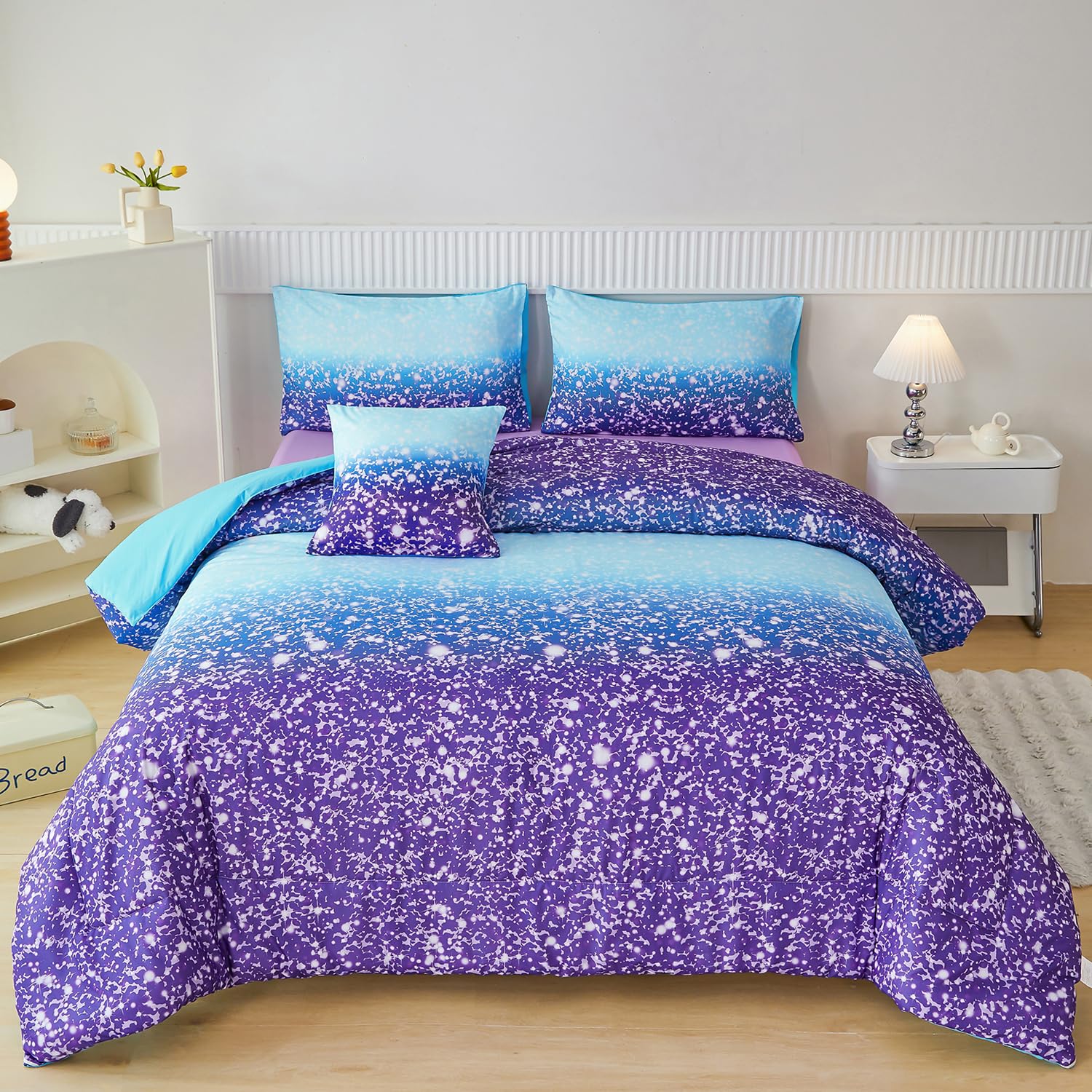 Perfemet Blue Purple Girls Twin Comforter Set With Sheets, 6Pcs Glitter Tie Dye Rainbow Kids Girls Bedding Sets, Sparkle Gradien