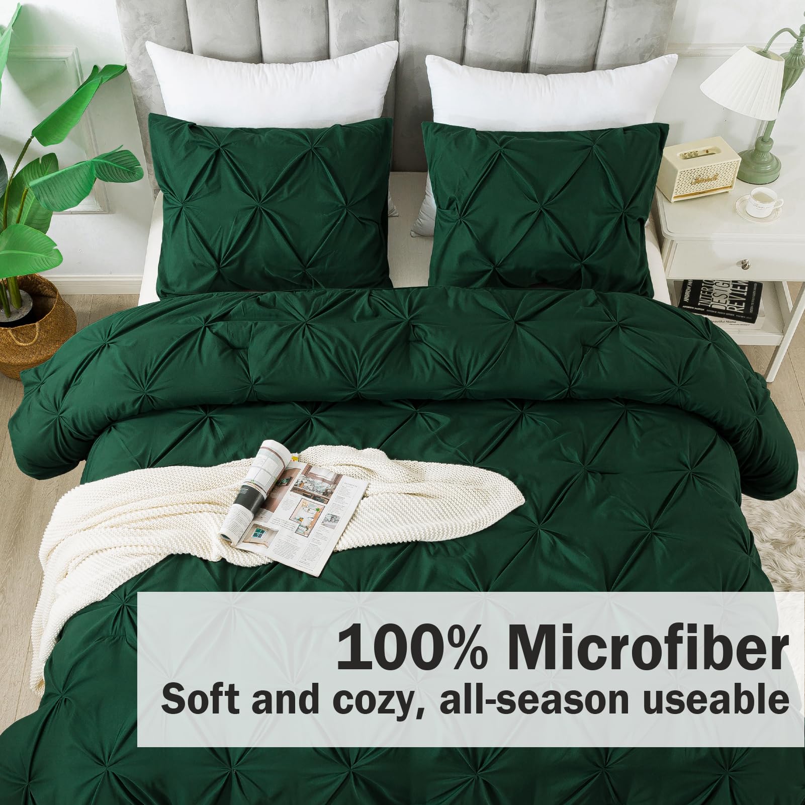 Andency California King Comforter Set Dark Green (104X96Inch), Pinch Pleat Cal King Comforter Set 3 Pieces, Oversized King Pintuck Bed Comforter, Microfiber Down Alternative Comforter Bedding Set